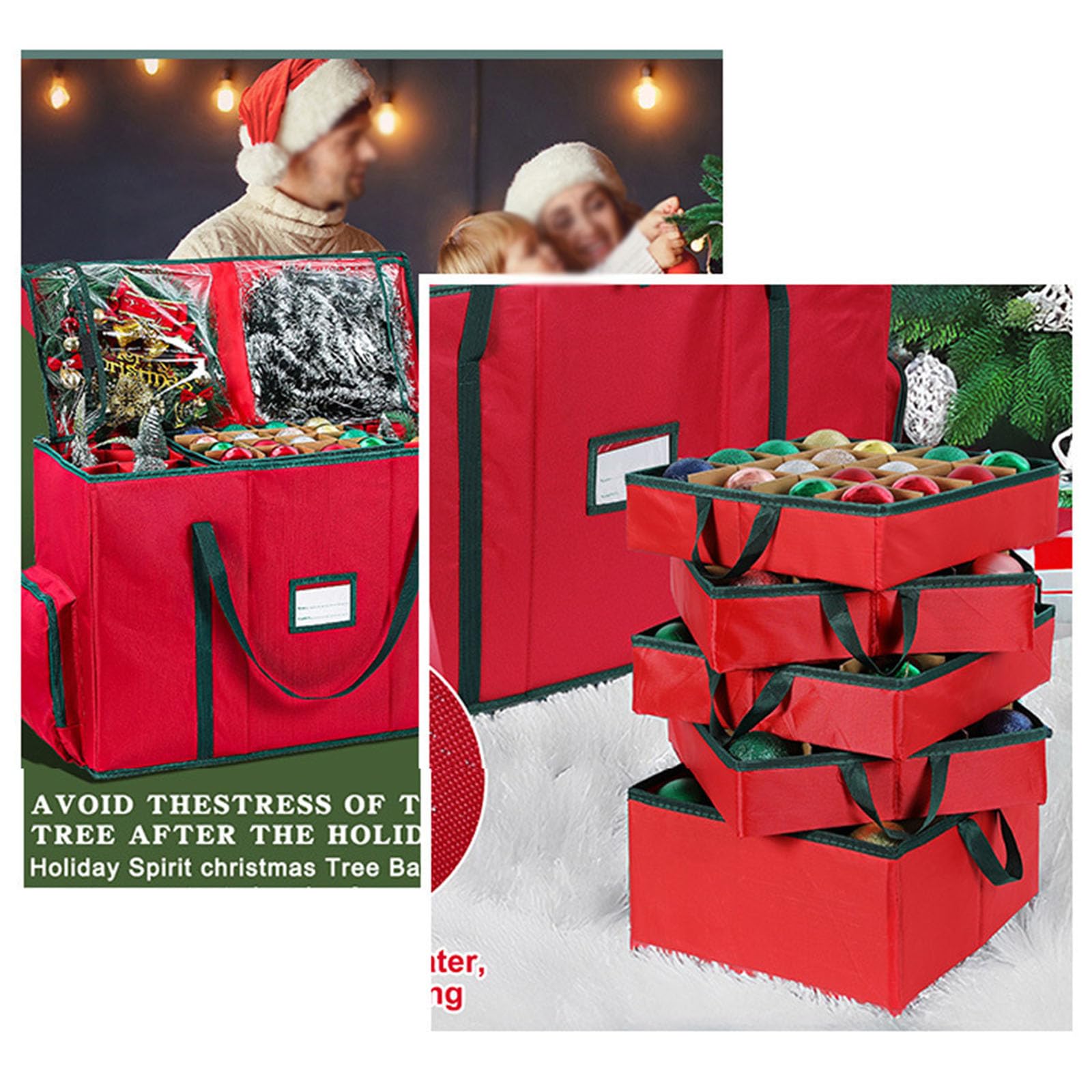 Weihnachtskugeln Aufbewahrung, Aufbewahrungsbox für Weihnachtskugeln mit Deckel, Large Pocket, 600D Oxford-Gewebe, 5 Tabletts, Doppelreißverschluss (Rot,71x31x45cm)