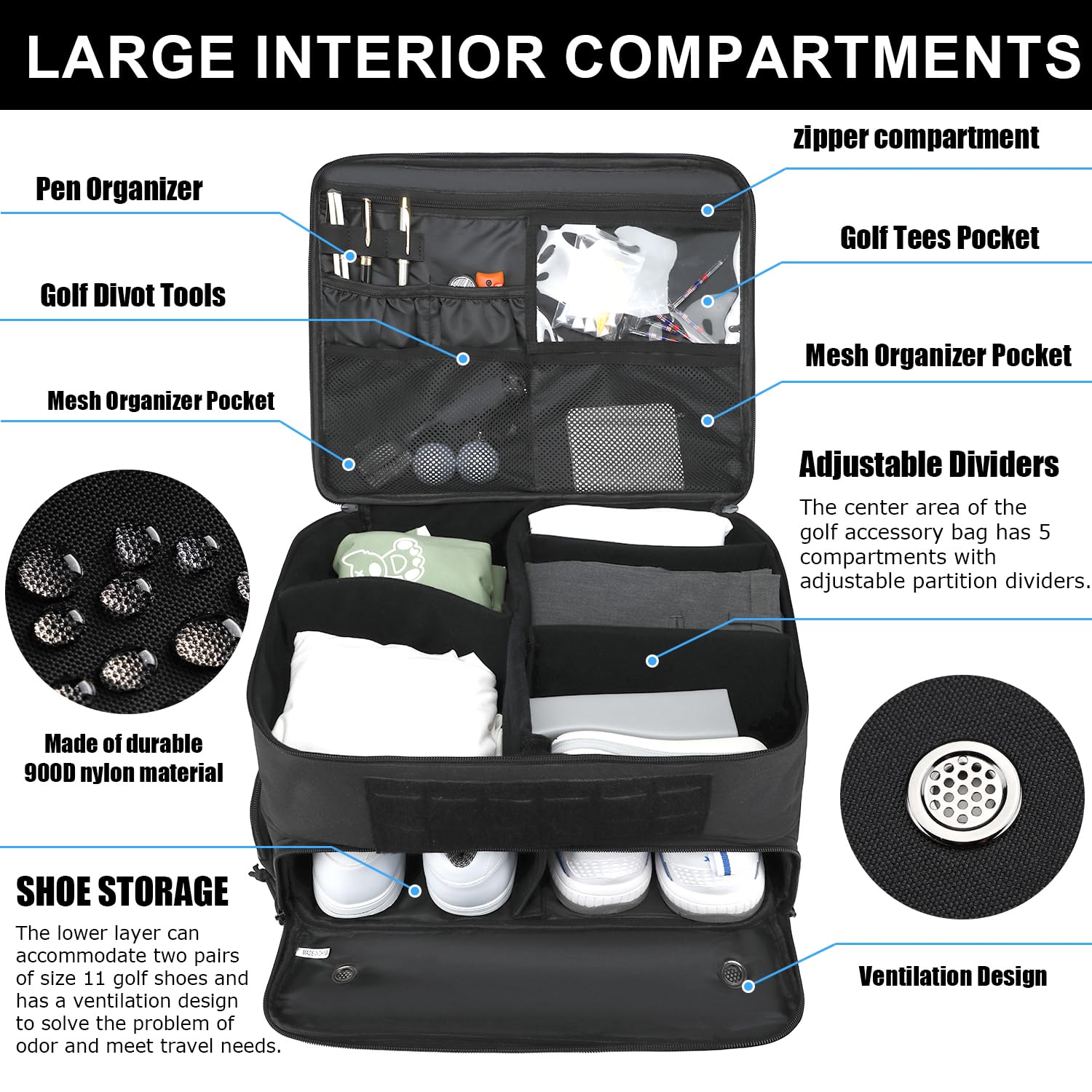 Golfkoffer Organizer Faltbare Golf Trunk Organizer 2 lagiger Auto Golf Schließfach mit separatem 2 Paare Schuhfach für Balls, Tee, Zubehör, Golf Geschenk