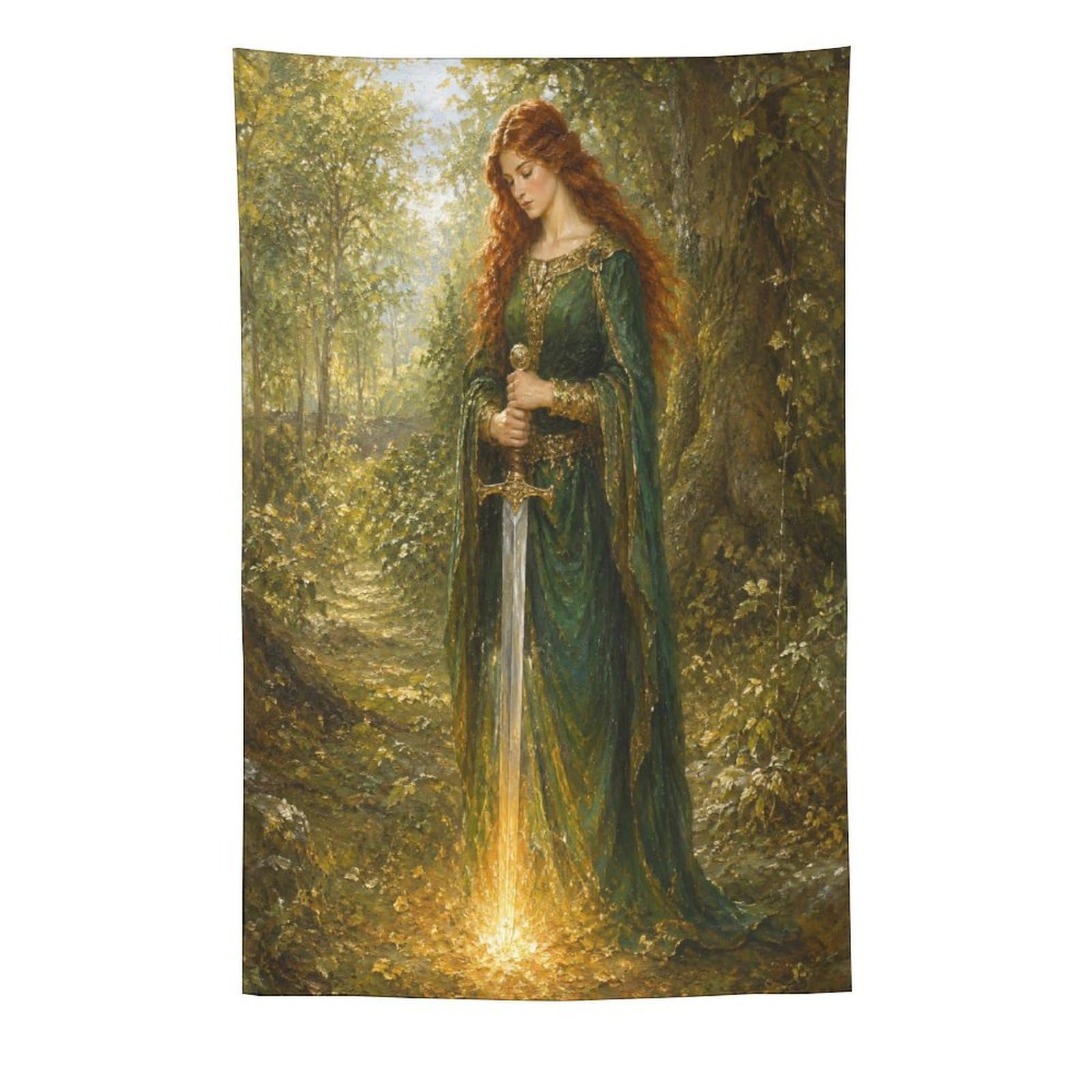 H3B8U2Y5 Woman with Glowing Sword Wall Tapestry, Surrealist, Reading Corner