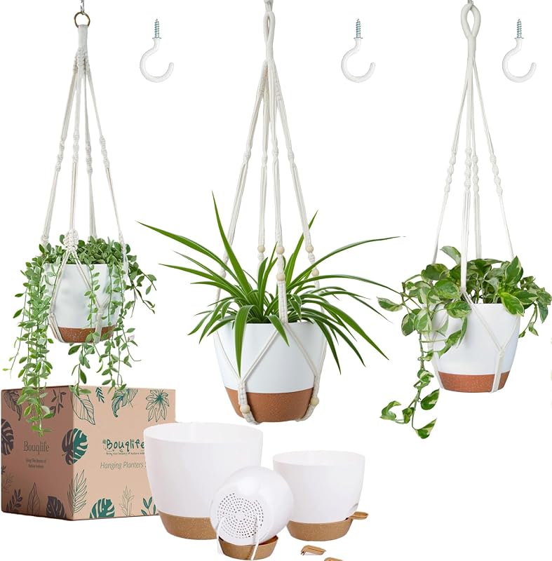 3 Pack Self Watering Hanging Planters for Indoor Plants Large 10/8/7 Inch | Hanging Pots with Macrame Plant Hangers, Drainage Reservoirs and Hooks, White