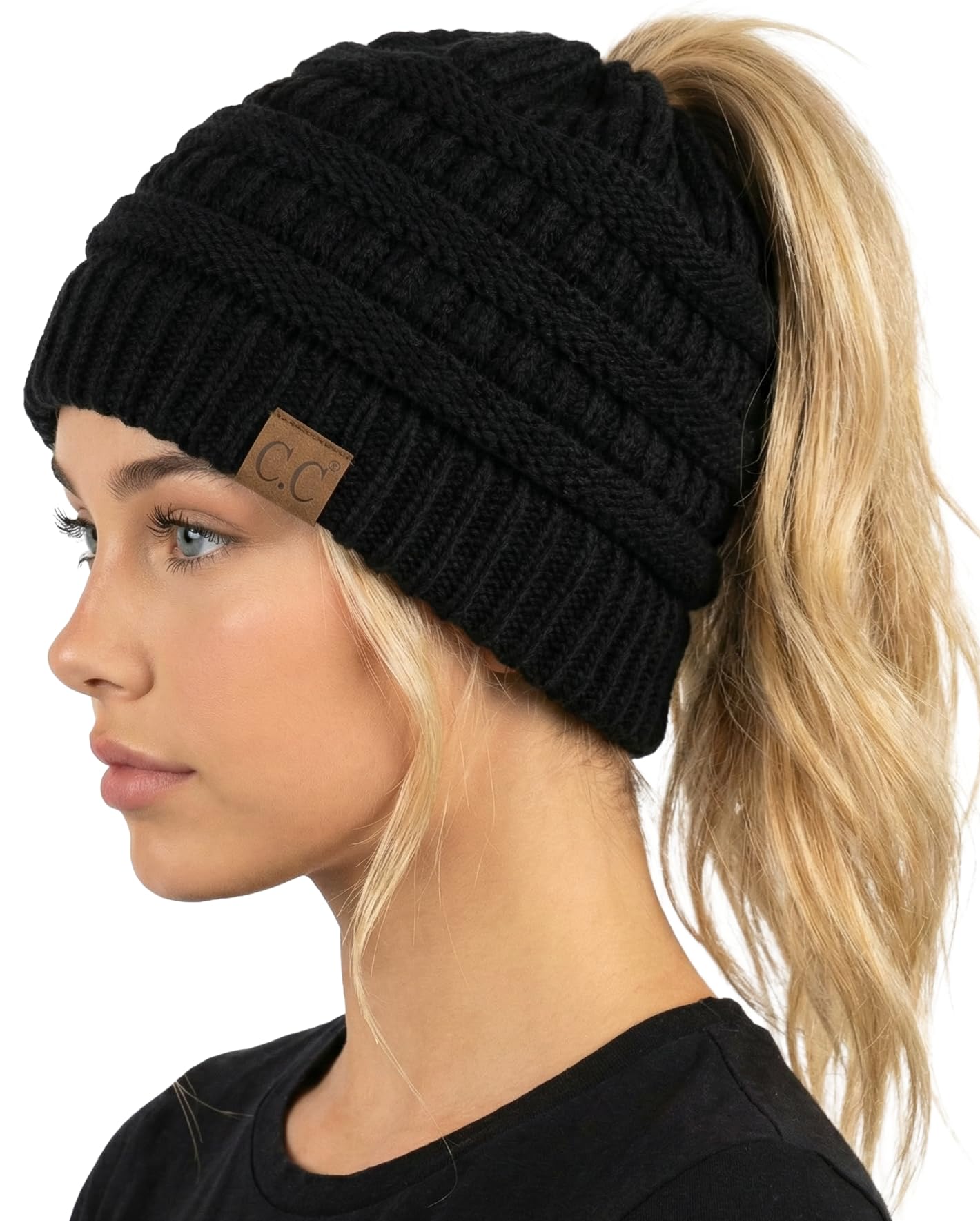 Ponytail Beanie for Women - Winter Ponyback Hat Soft Stretch Cable Knit High Pony Tail Womens Running Hats