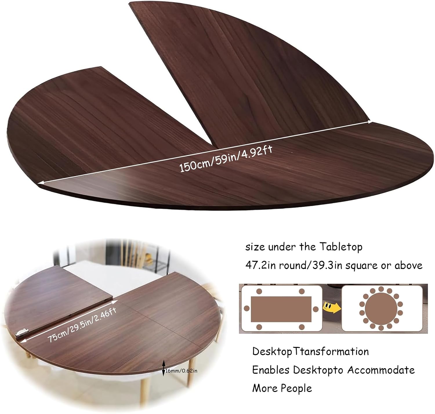 Large Round Foldable Table Top, 59 ” Diameter Portable Dining Table Extender Top, No Legs Wooden Round Table Tops Only, for Round Table and Square Table (Textured White, 59in)