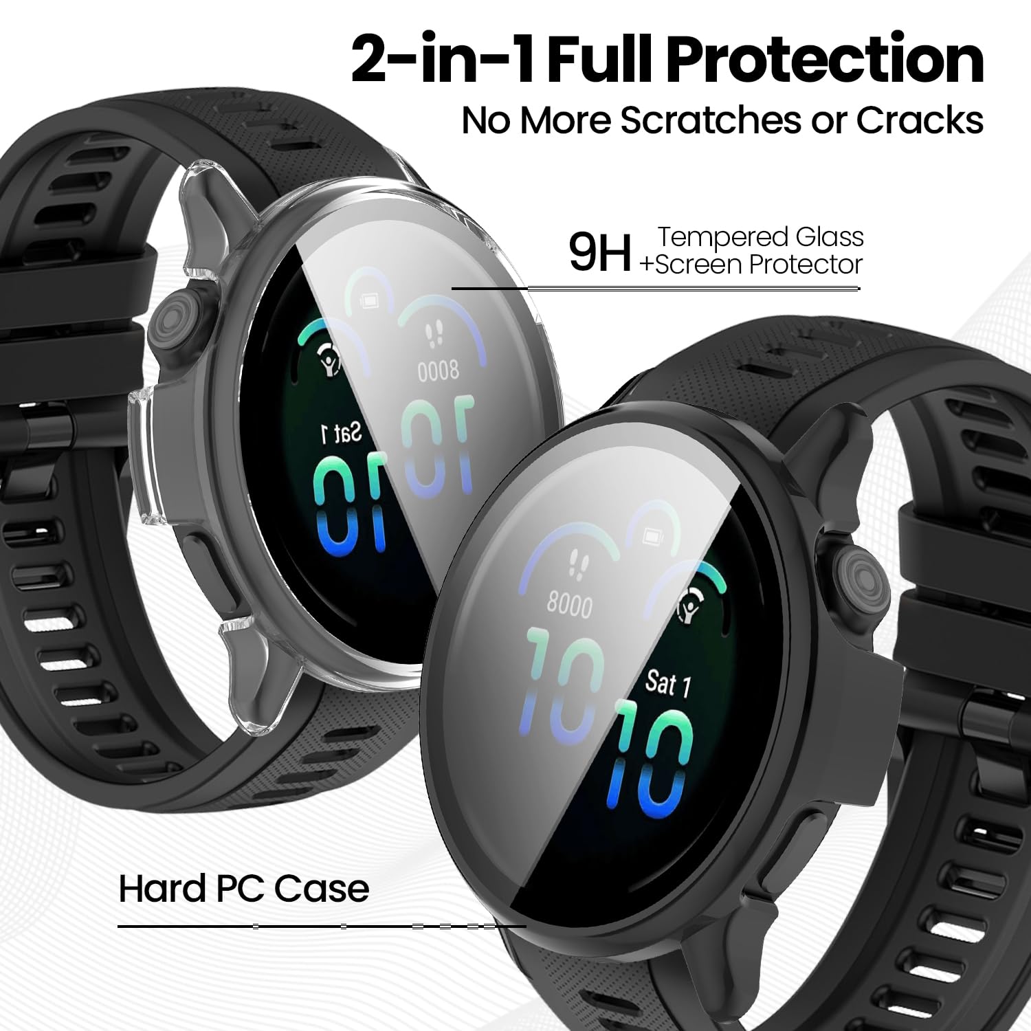 Case Compatible for Garmin Vivoactive 6 Screen Protector, Hard PC Case with Tempered Glass Slim Protective Cover Guard Bumper, Black/Clear