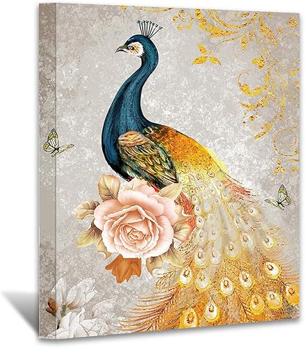 Miniatura 80 de Looife Lienzo decorativo para pared de pavo real, 16 x 32 pulgadas, pájaros verde azulado con flores, decoración de pared para decoración de DW148
