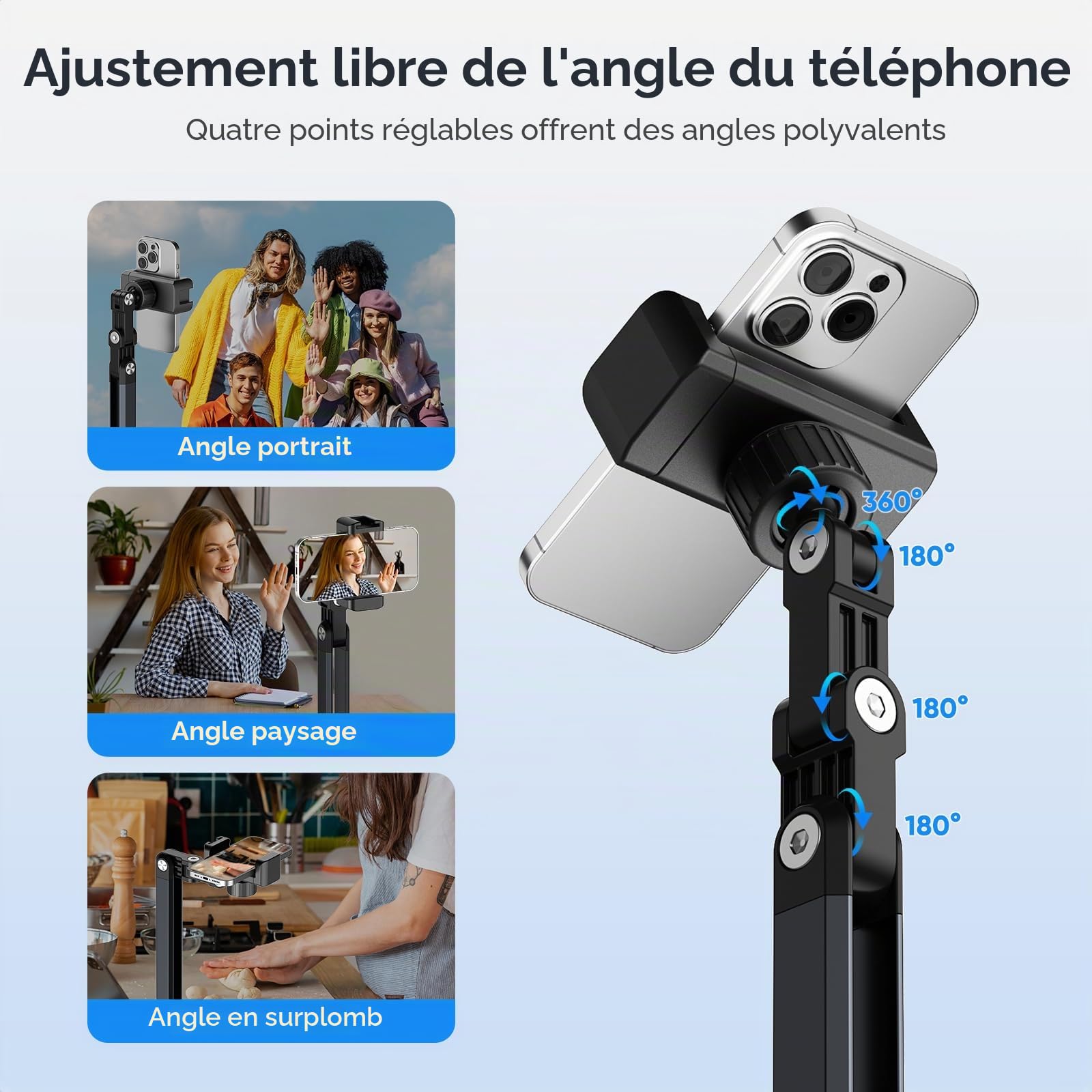 Support Vidéo pour TéLéPhone Portable, Support De TéLéphone De Bureau Réglable à 360°, Base Solide, Compatible avec iPhone/Samsung/Huawei/Xiaomi/Smartphone One Plus