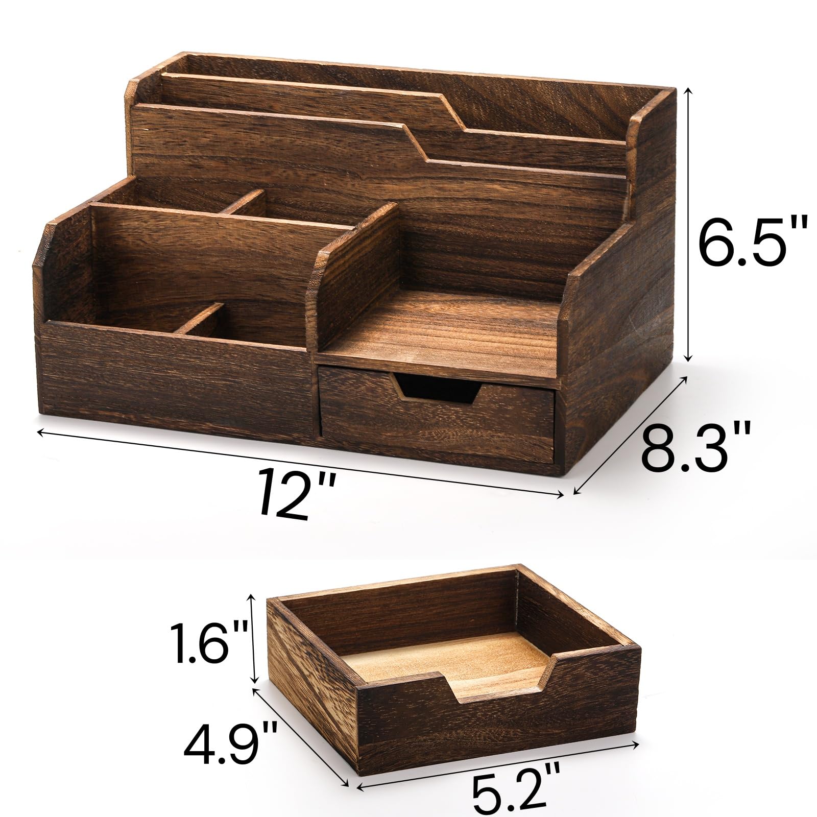 Pumtus Brauner Post-Organizer aus Holz, Schreibtisch-Organizer mit 7 Fächern und Schublade, rustikaler Briefsortierer mit Stifthalter, Tischbriefkorb, Bürozubehörhalter für Stiftdatei, Briefdokument