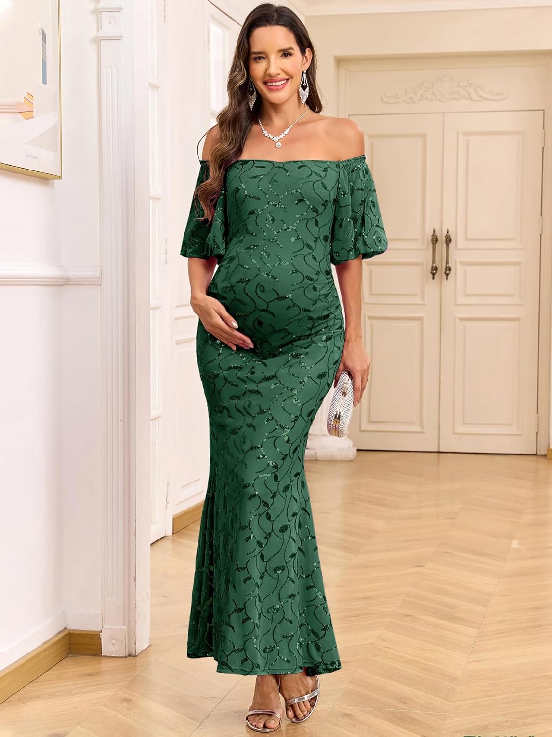 CYCLAMEN Off-Shoulder Sequin Maternity Evening Gown Puff Sleeves Formal Mermaid Maxi Dress for Baby Shower Photoshoot