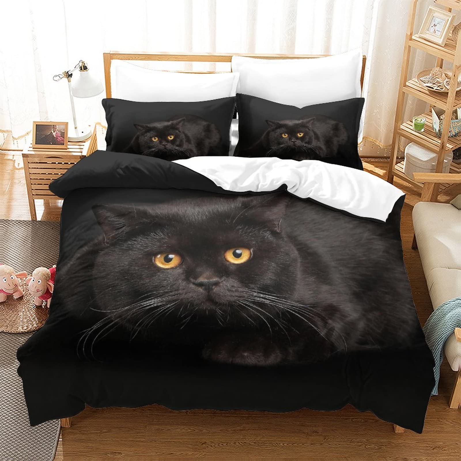 Housse de couette chat 3D 220x240 cm avec deux taies d'oreiller pour lit double