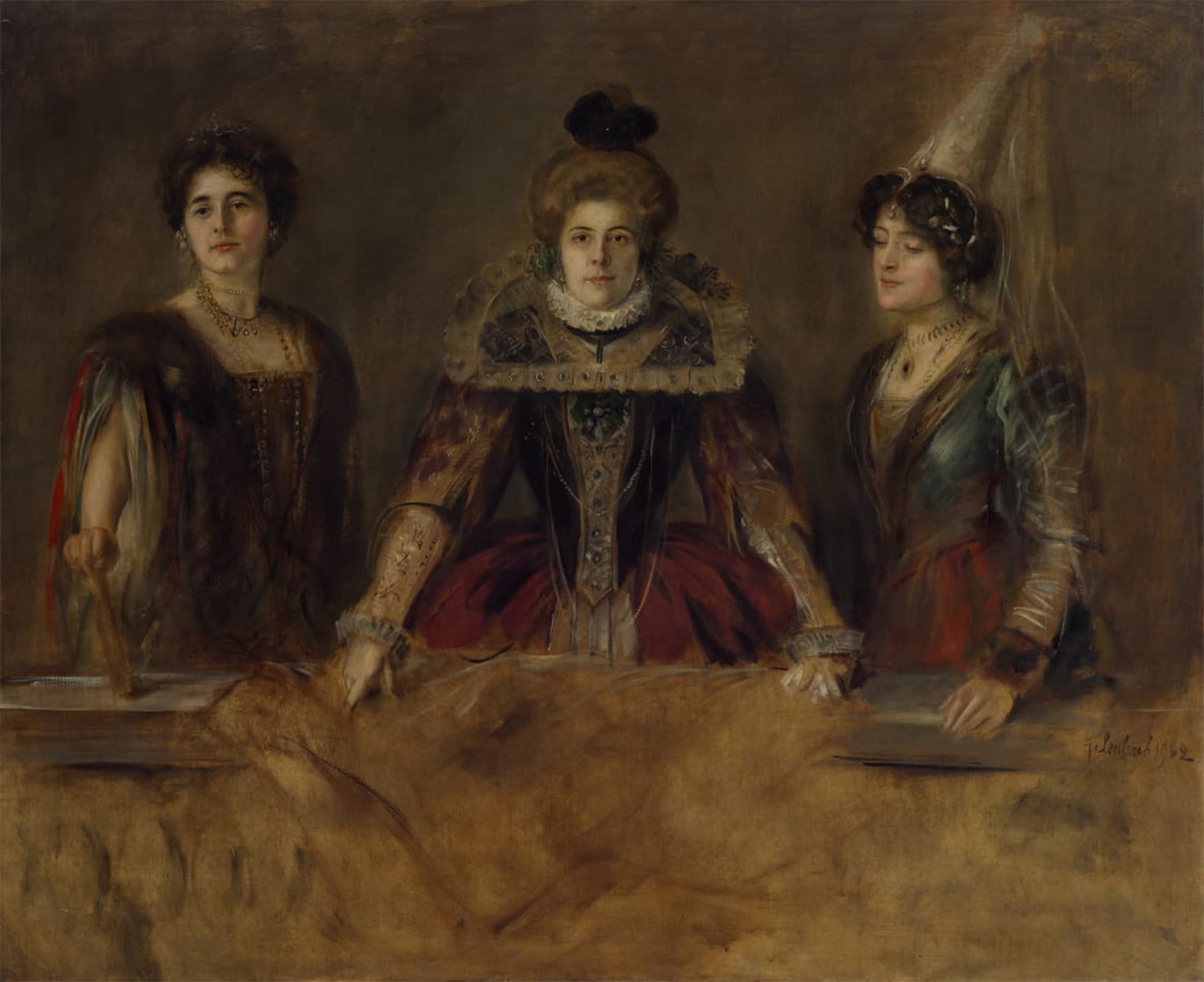 POSTERIIk Vintage Art Print Images Pictures Print Group Portrait Three Ladies in Costume by Von Lenbach Modern Colour Posters for Office Home Decor 60x90cm