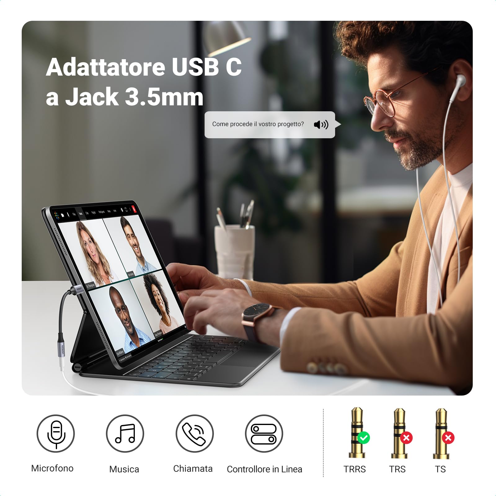UGREEN Adattatore USB C a Jack 3.5mm Chip DAC per Cuffie Tipo C Compatibile con iPhone 17 Pro Max Air Galaxy S25 Ultra MacBook Pro 2024 iPad Pixel 9 XL (Gray)
