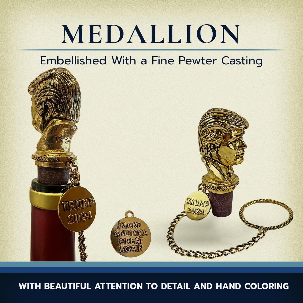 45th US President Donald Trump 24K Gold Wine Bottle Stopper | MAGA Bottle Topper for Wine, Liquor | Expertly Crafted Pewter Reusable Wine Cork with Gift Box