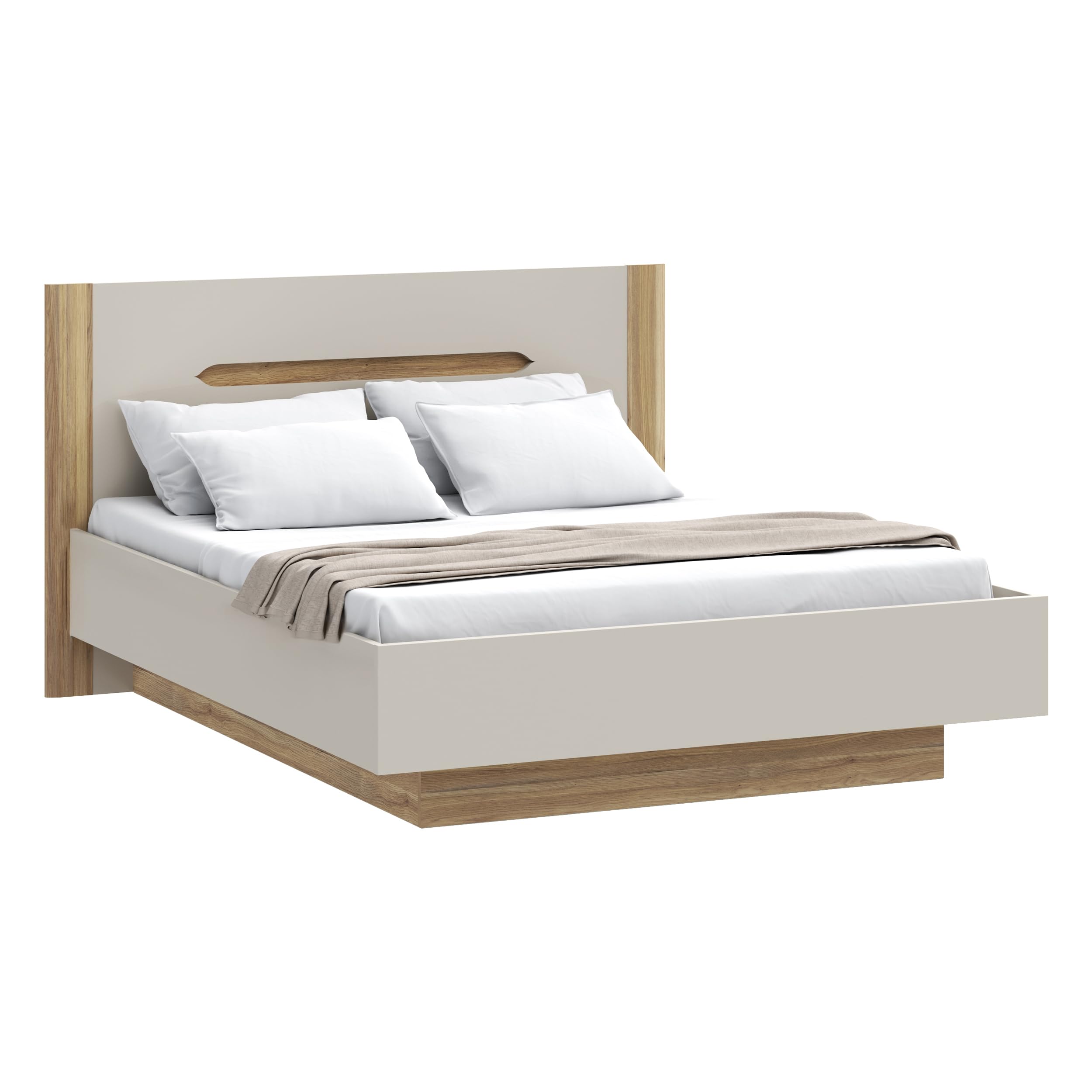 Forte EDWAL Bett Liegefläche 160 cm, modernes Bettgestell mit Stauraum unter dem Lattenrost, Holzwerkstoff, Kaschmir |Beige Holzdekor, 176,2 cm breit x 105,7 cm hoch x 206,6 cm tief