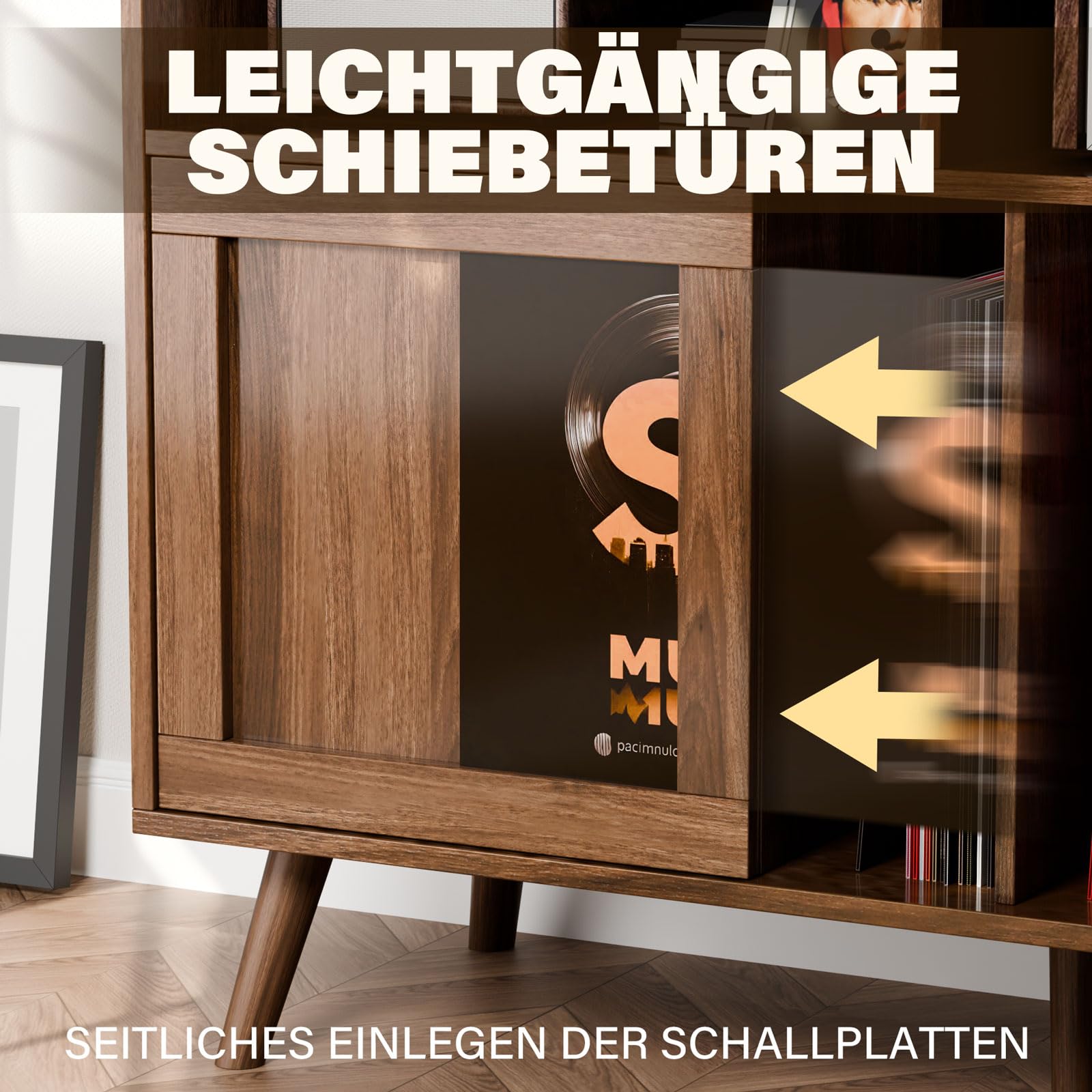Großer Plattenspieler-Ständer mit Schiebetüren, Plattenständer für über 500 Schallplatten mit Ladestation, Vinylplatten-Halterung mit Ausstellungsfläche, Plattenspieler-Tisch aus Holz für Wohnzimmer