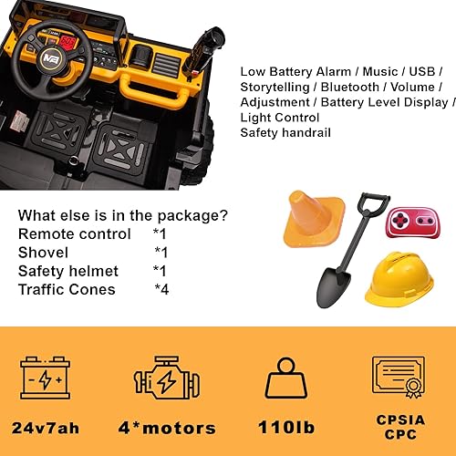 Miniatura 5 de Kidsera Camión volquete de 24 V, auto de 24 pulgadas y 2 plazas para niños con control remoto 4WD2WD hasta 5 mph, juguetes de paseo de 24 V para