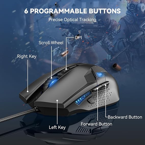 TECKNET Wired Gaming Mouse, 8000 DPI Adjustable Optical Sensor USB Computer Mouse, 6 Programmable Buttons & 6 Chroma RGB Backlit, Ergonomic Mice for Laptop Desktop PC/Mac Mouse - Black