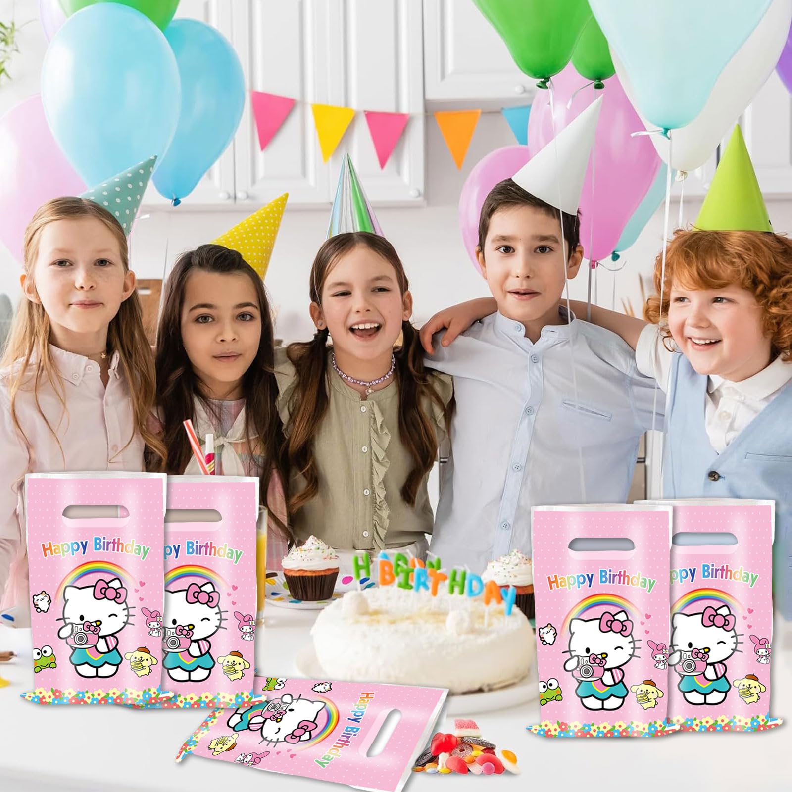 50 Pcs Cartoon Birthday Party Favor Bags, Cute Plastic Gift Bags, Birthday Party Candy Snack Bag (Pink)