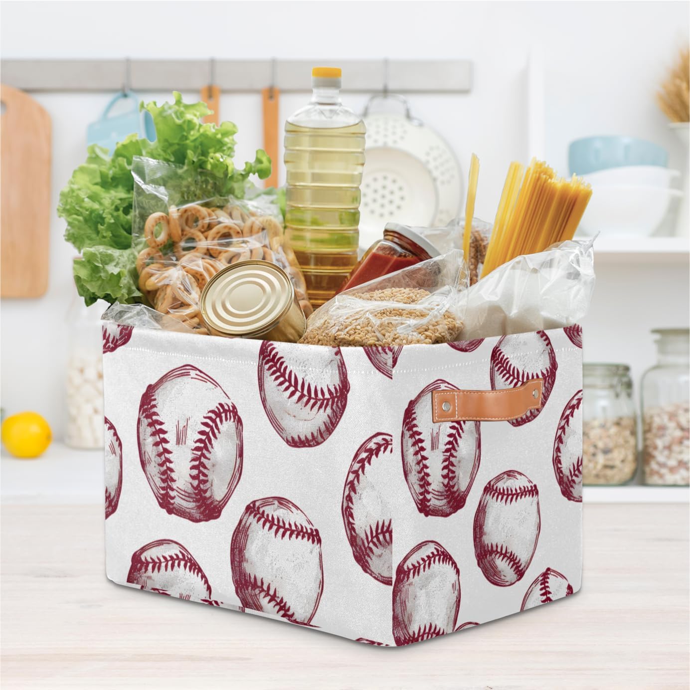 Cute Storage Bins for Organization, Canvas Book Storage Bins Handles, Bedroom Shelves Decorative Baskets for Organizing, Fabric Cube Bin Classroom Dorm Closet Organizer Box (Baseball)