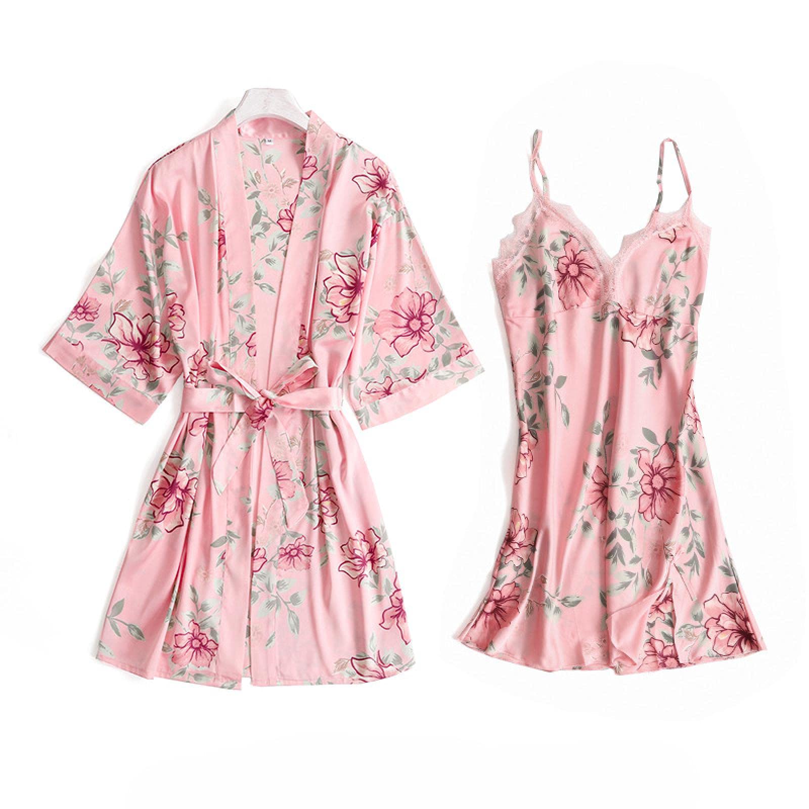 Pyjama 3 pièces en satin femme ensemble de nuit bleu marine L robe de chambre dentelle