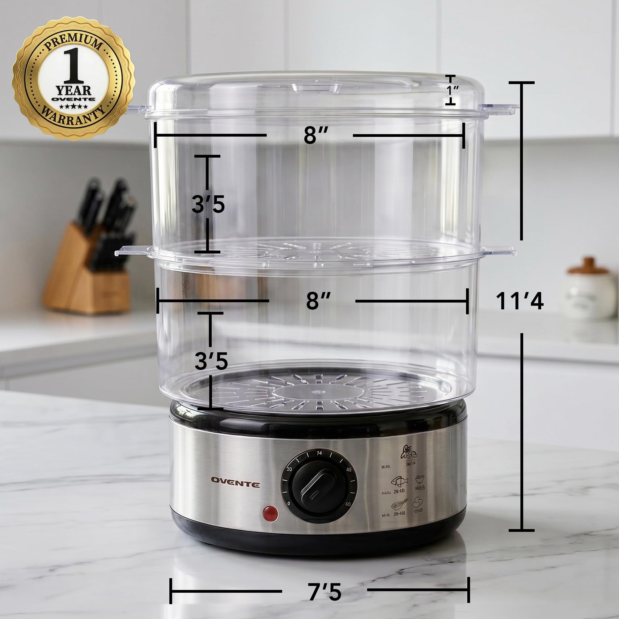 Ovente Electric Food Steamer - 5 Quart, Silver -5