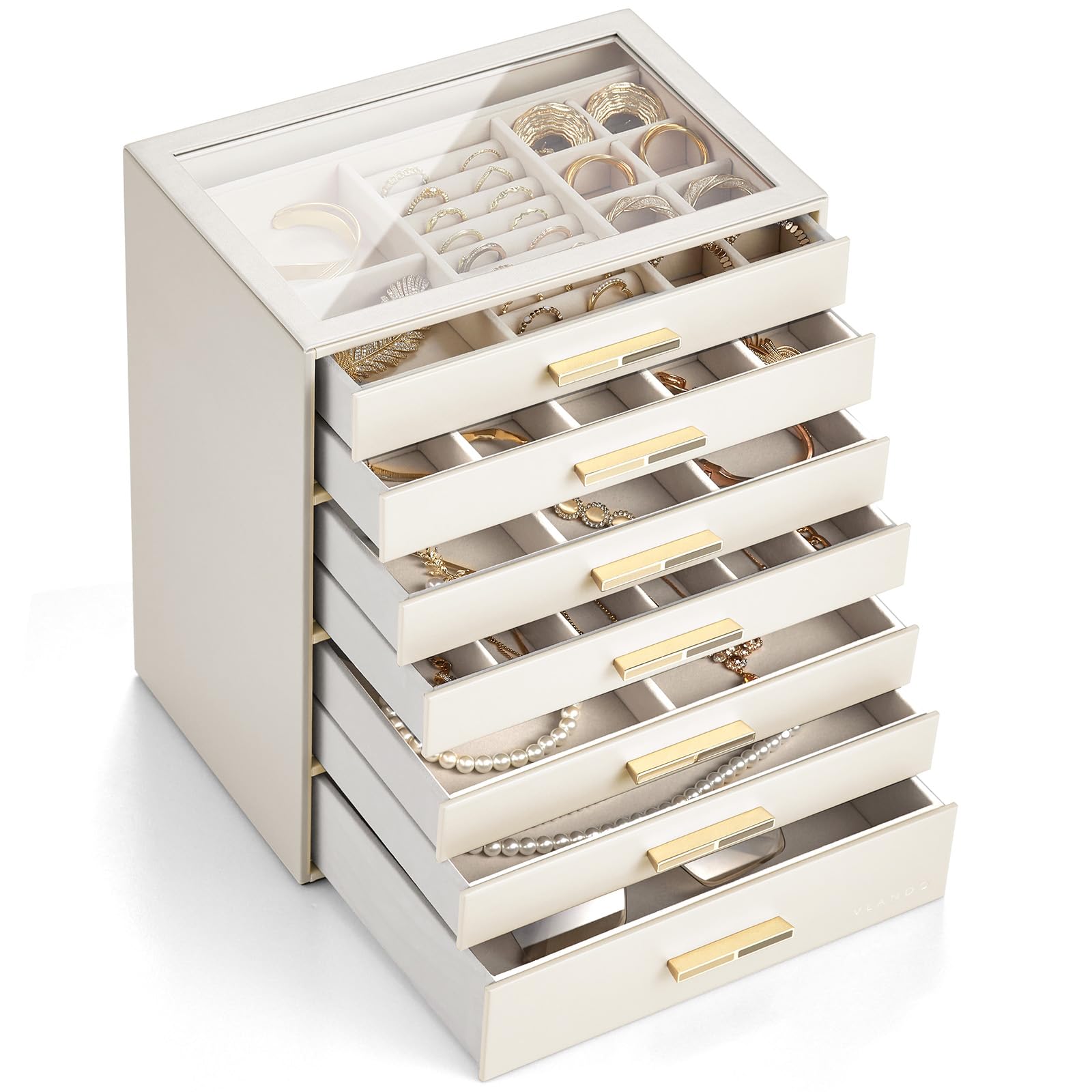 VLANDO Boîte à bijoux à 7 niveaux, boîte à bijoux, rangement de bijoux, organiseur de bijoux avec couvercle en verre, pour colliers, boucles d'oreilles, montres, bracelets, moderne, beige