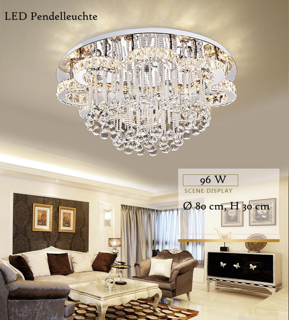 Euroton LED Pendelleuchte Kristall 6019-80cm mit Fernbedienung Größe 80 cm Lichtfarbe Kaltweiß warmweiß neutralweiß wechselbar Kristall klar Luxus K9. LED Deckenleuchte Deckenlampe A+