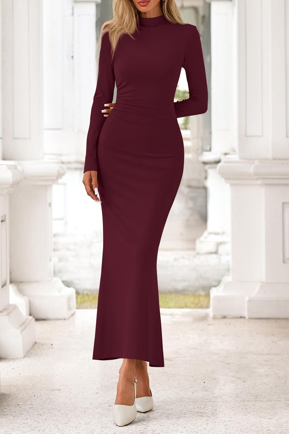 dowerme Spring Dresses for Women 2026 Formal Mock Neck Long Sleeve Ruched Knit Bodycon Mermaid Maxi Wedding Guest Dress - Image 7