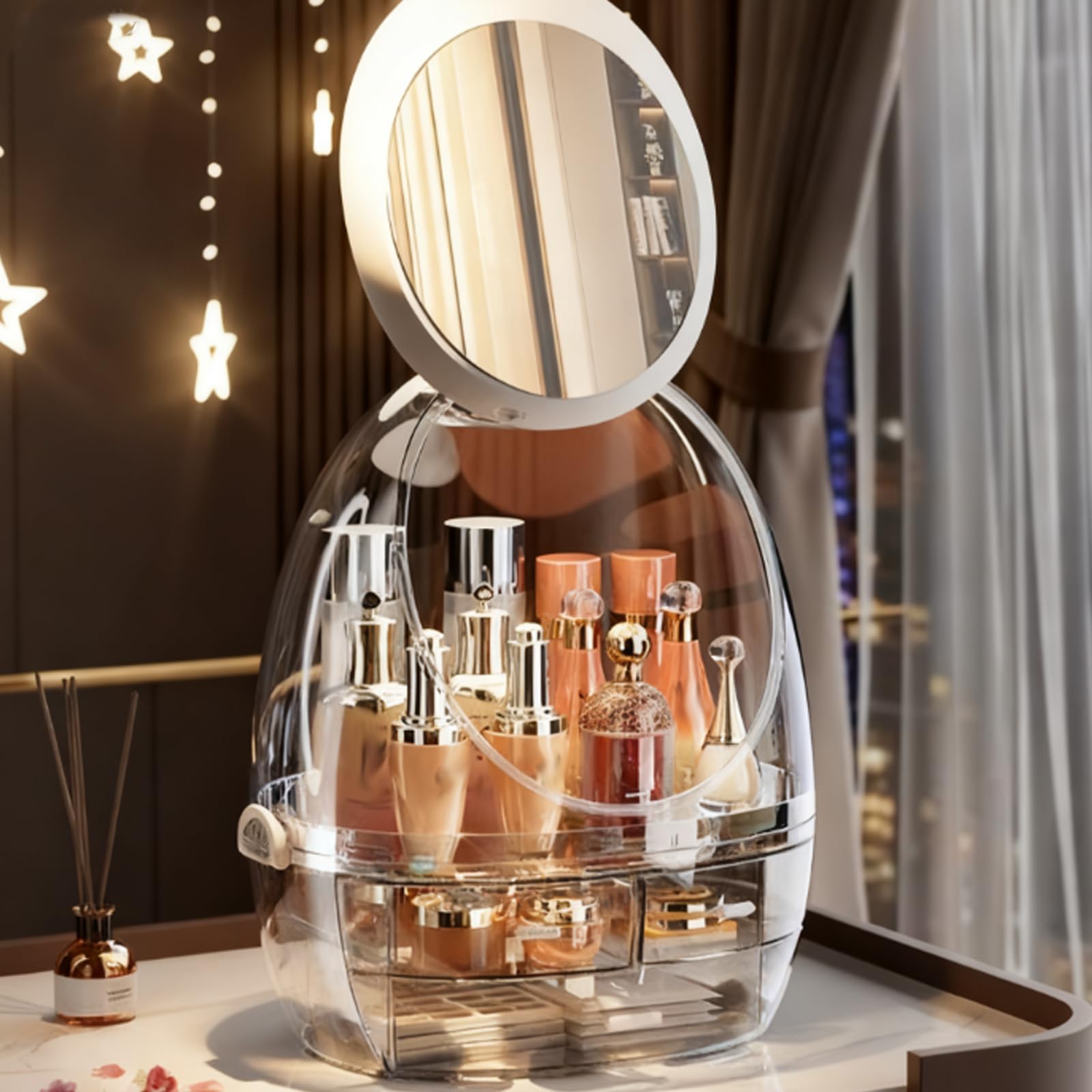 Organizzatore di trucco, organizzatore di cura della pelle con cassetti e coperchio trasparente, espositore di cosmetici per l'organizzatore di vanità e lo stoccaggio del piano di lavoro del b