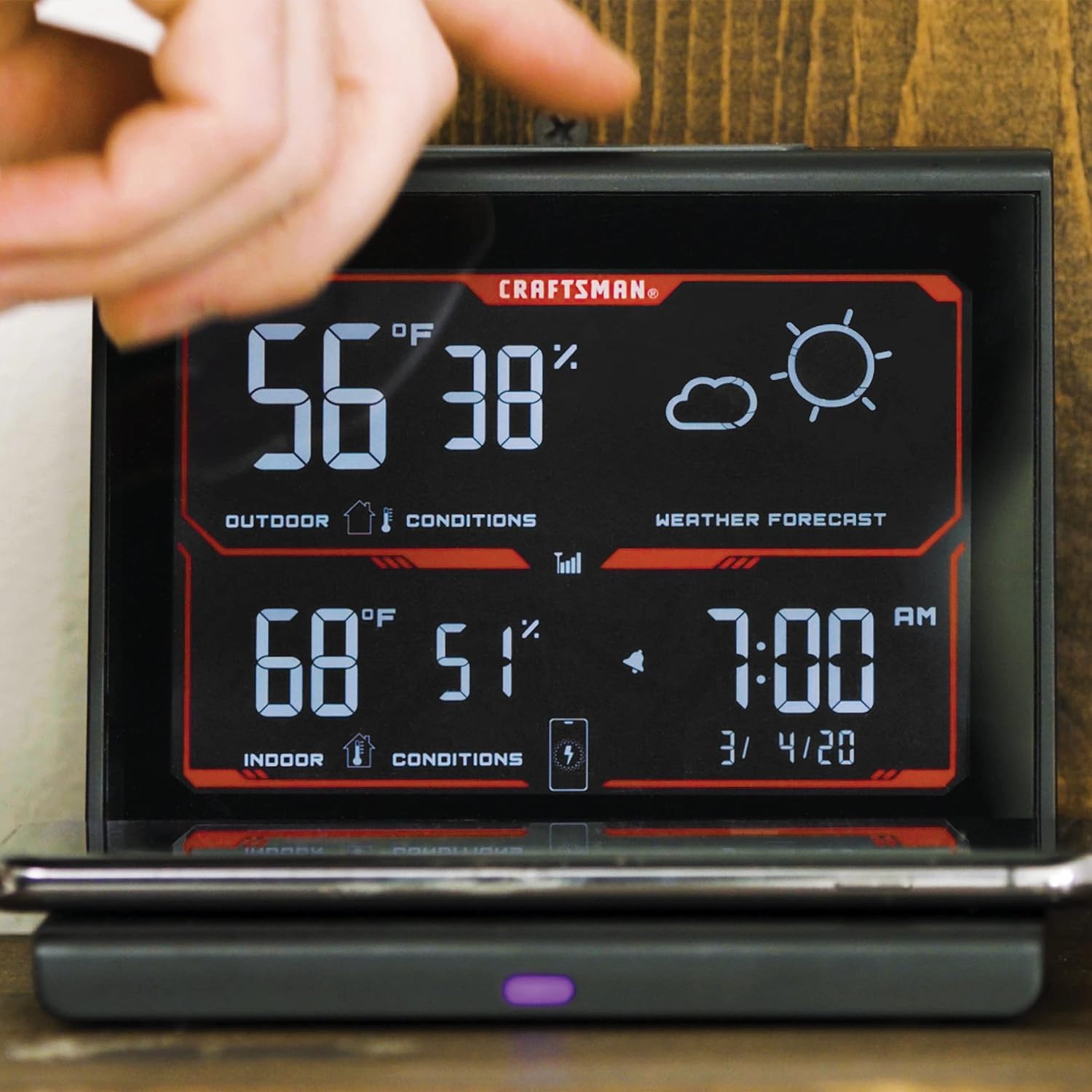 CRAFTSMAN Weather Forecaster with Wireless Charging Pad, Alarm Clock, and Indoor/Outdoor Thermometer (CMXWDCR01195)