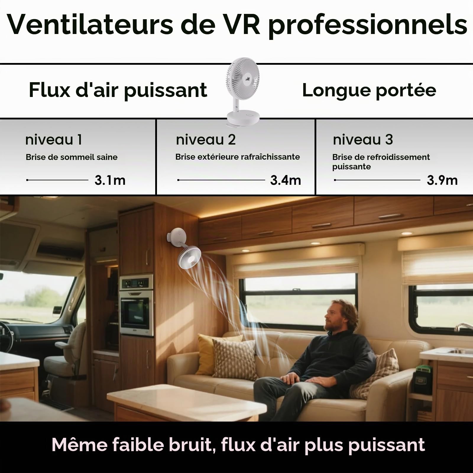 ZOIZ Ventilateur Camping-Car 12V avec LED 4 Couleurs, Ventilateur Mural et de Table, Double Alimentation 12V et USB-C, Oscillant Silencieux pour Van Aménagé, Caravane, Bateau, Chambre & Vanlife