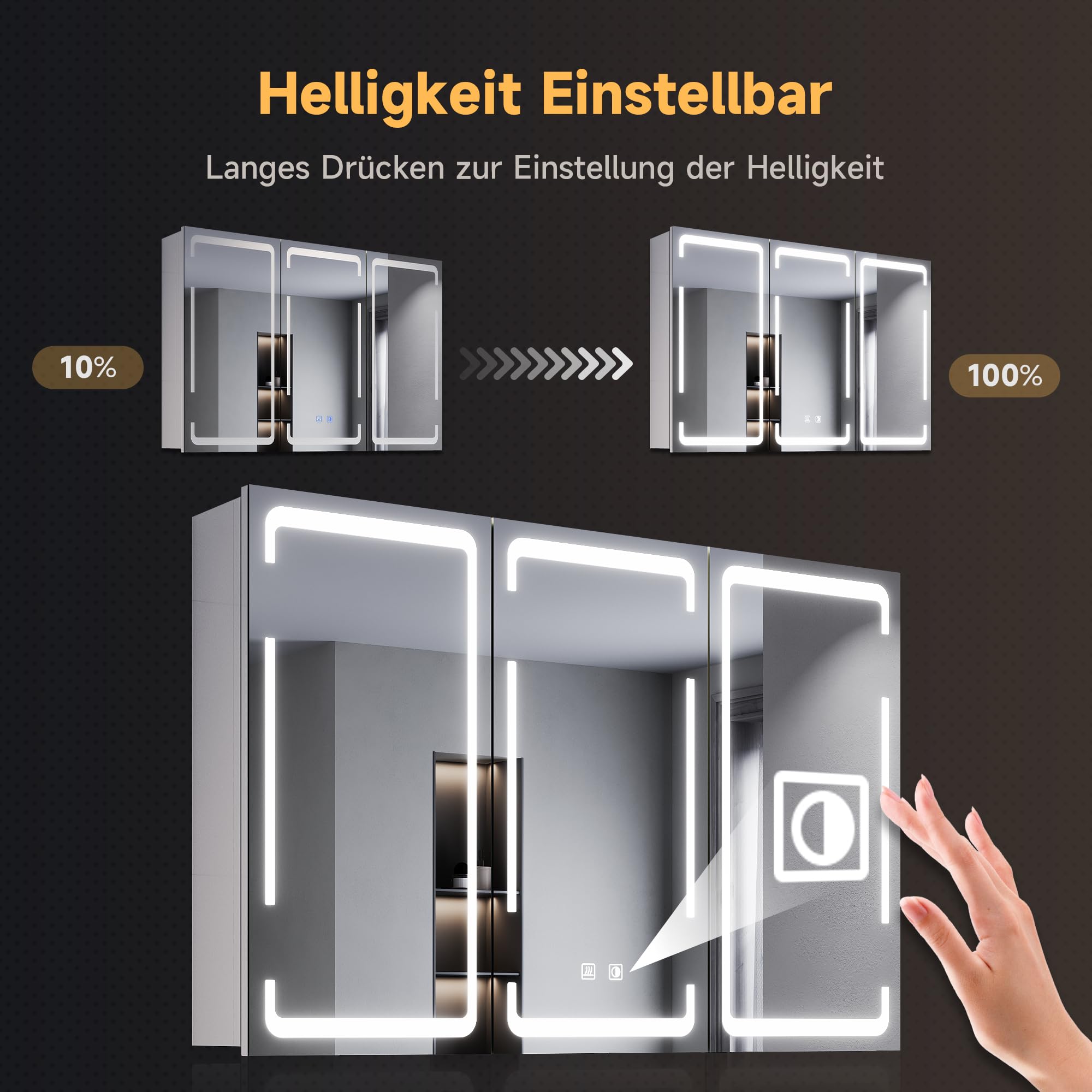 SONNI Szafka łazienkowa z lustrem LED, 90 x 60 cm, 3-drzwiowa, metalowa szafka z lustrem z przełącznikiem dotykowym, 3 kolory światła + defogging, bezprzewodowy zawias, biała, łazienka, szafka