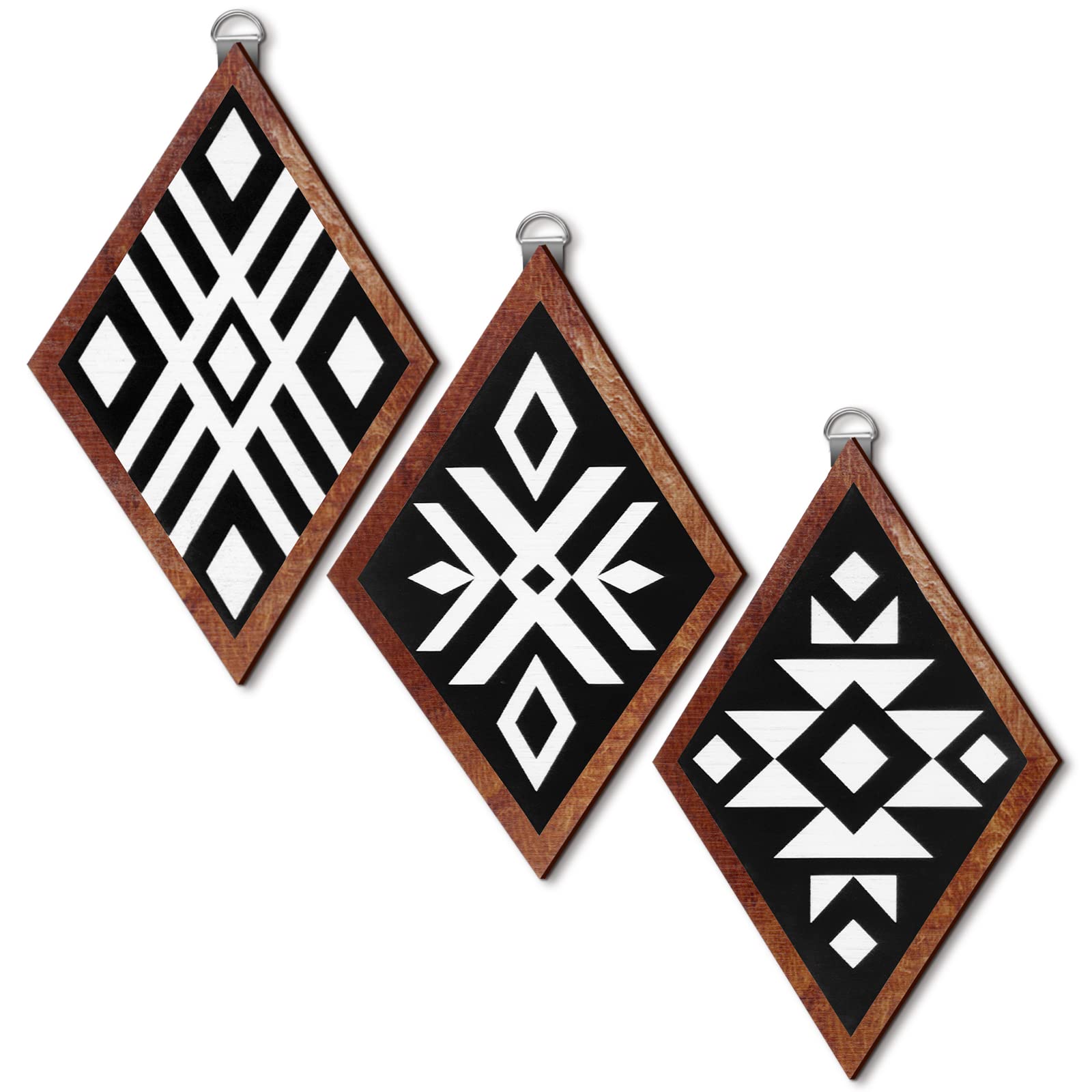 3 Pcs Western Farmhouse Home Wall Decor Wooden Boho Aztec Southwestern Wall Art Black White Hanging Modern Home Decor Geometric Sign Frame Rustic Wood Prints for Bedroom, 12 Inch (Black Background)