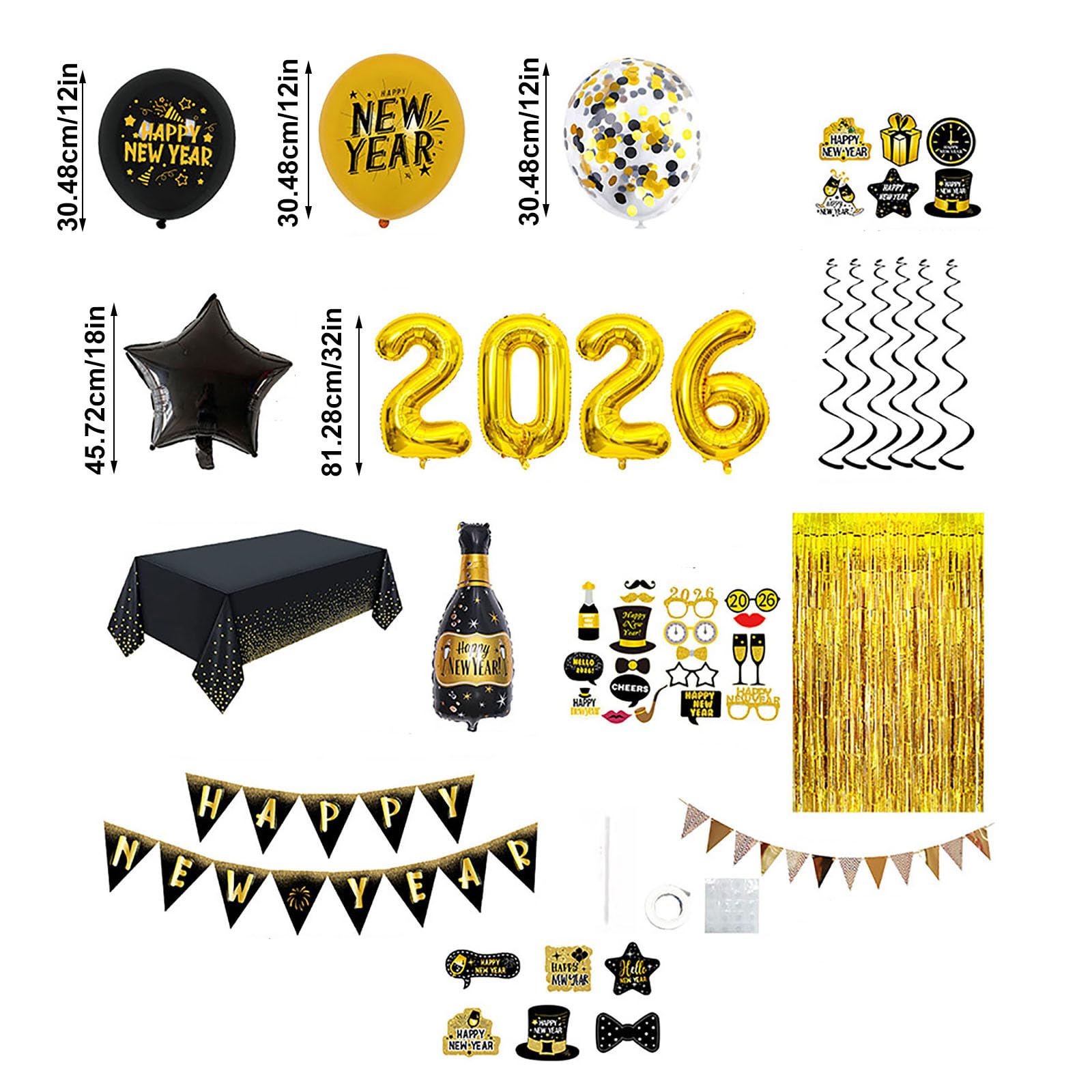 Dekoracja noworoczna 2026, dekoracja na Nowy Rok, szczęśliwy nowy rok baner, wiszący wir, balon szampański i konfetti, akcesoria fotograficzne nowe zestawy (A)