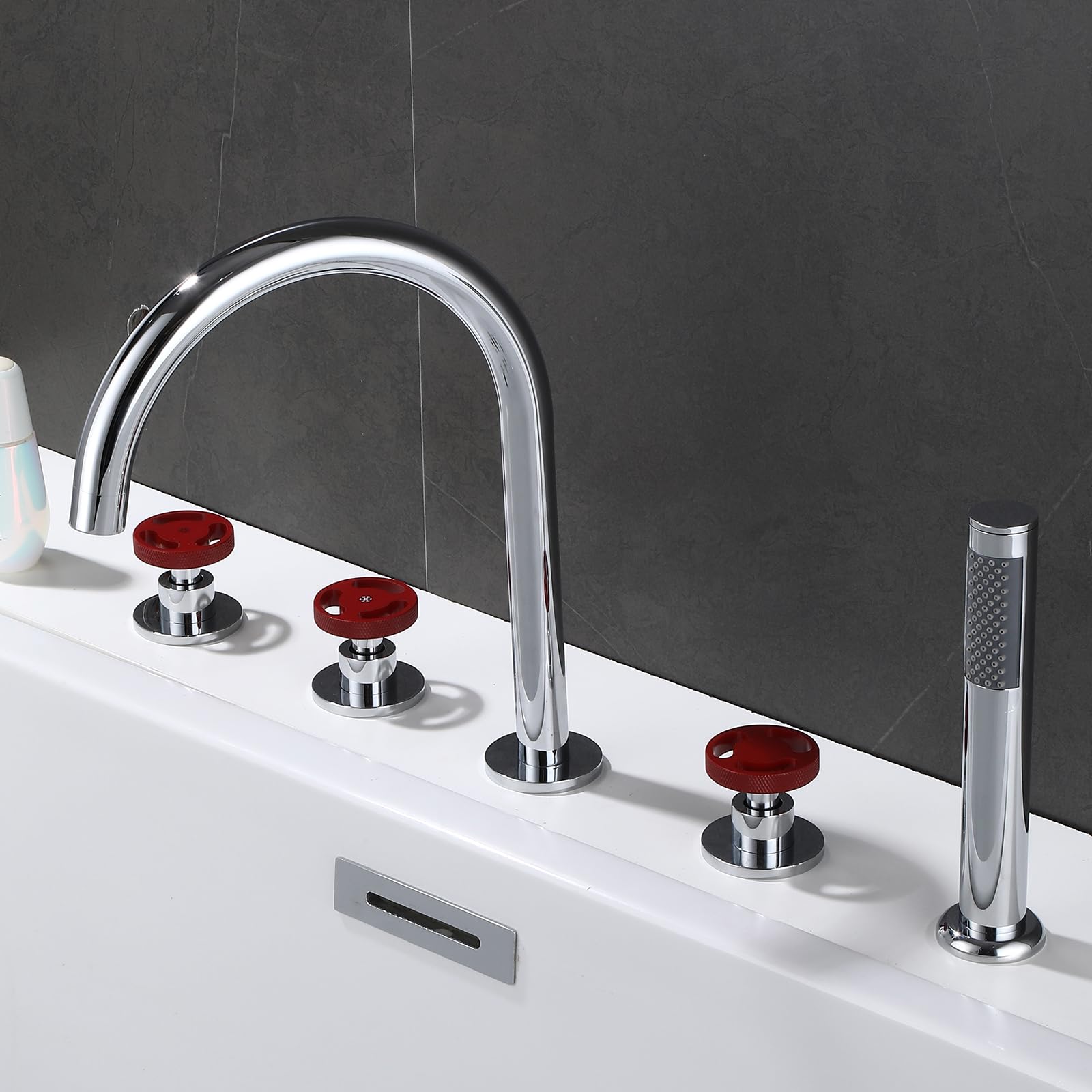 MYUYEE 5 Hole Bath Taps Set With Shower Bath Shower Mixer Tap Chrome 360 Swivel Spout Gooseneck Tap (Chrome + Red)