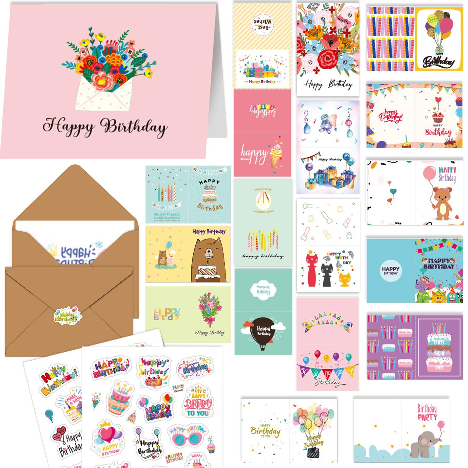 ZZTBTNO 20 Blank Small Birthday Cards with Envelopes & Stickers - Happy Birthday Greeting Cards - Blank Inside for Personal Message - Bulk Elegant