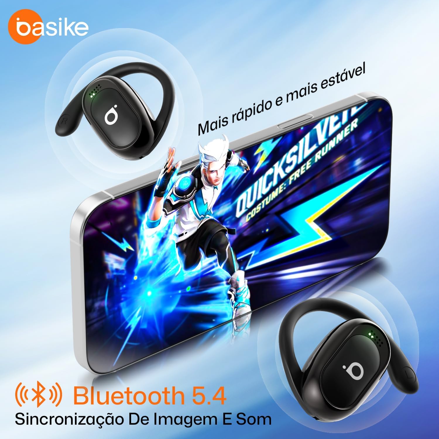 Basike BA-FON153 earphones connected to a smartphone via Bluetooth 5.4.