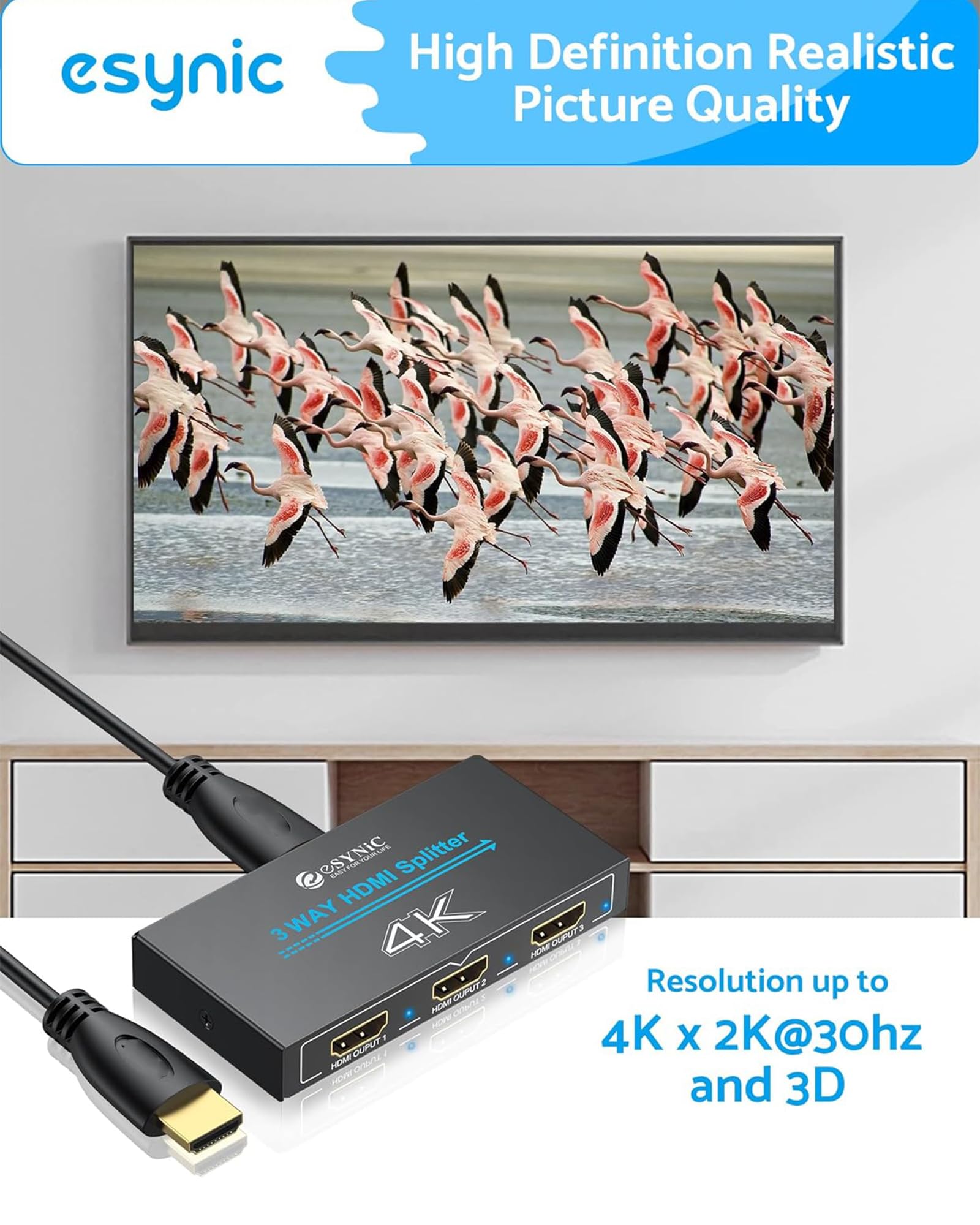 eSynic Répartiteur HDMI 1 Entrée 3 Sorties 4K@30HZ HDCP 1.4 Coque Métal