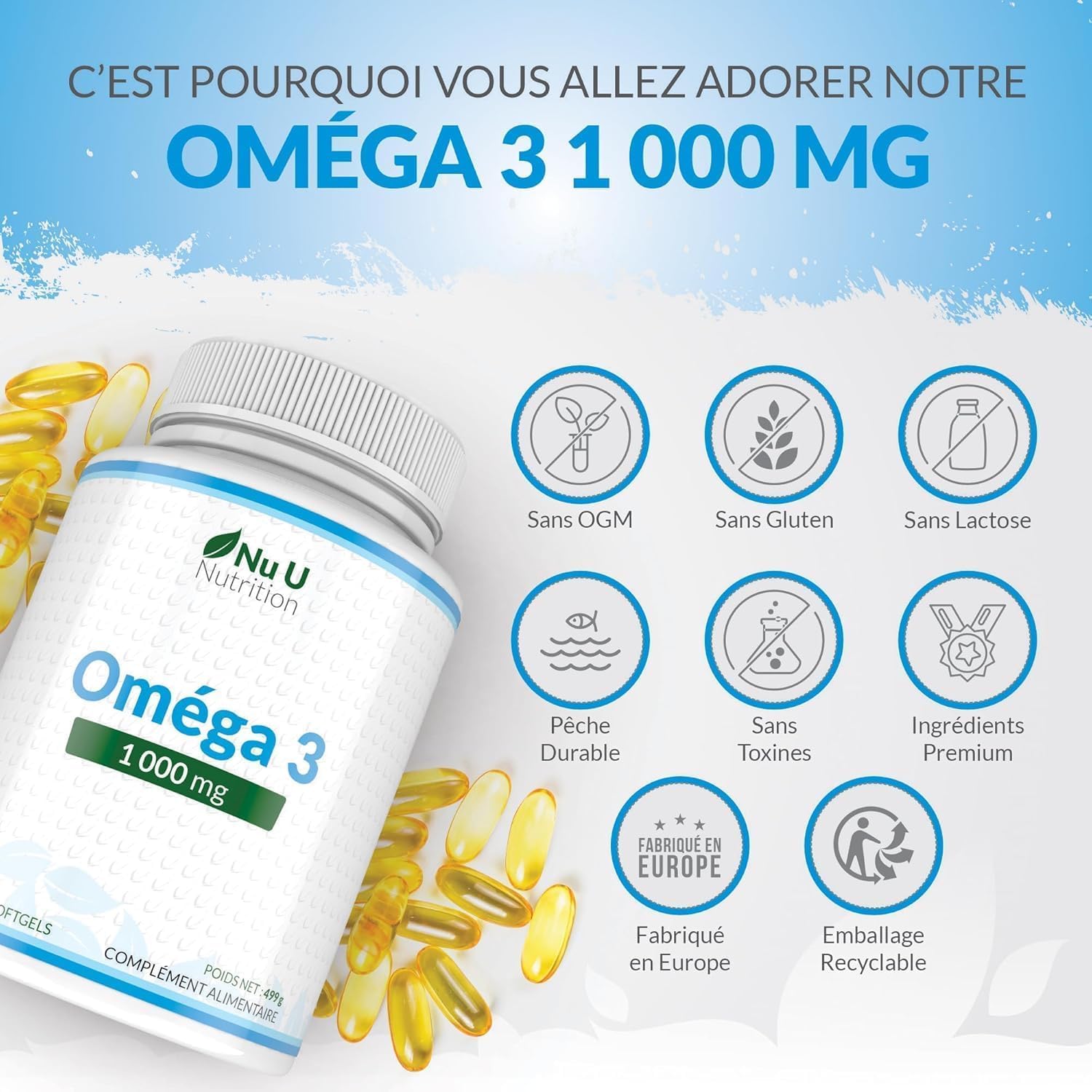 Omega 3 Fish Oil 1000 mg - Huile de Poisson - 365 Gélules - Cure d'1 An - Riche en EPA 540mg et DHA 360mg - Compléments alimentaires de Nu U Nutrition