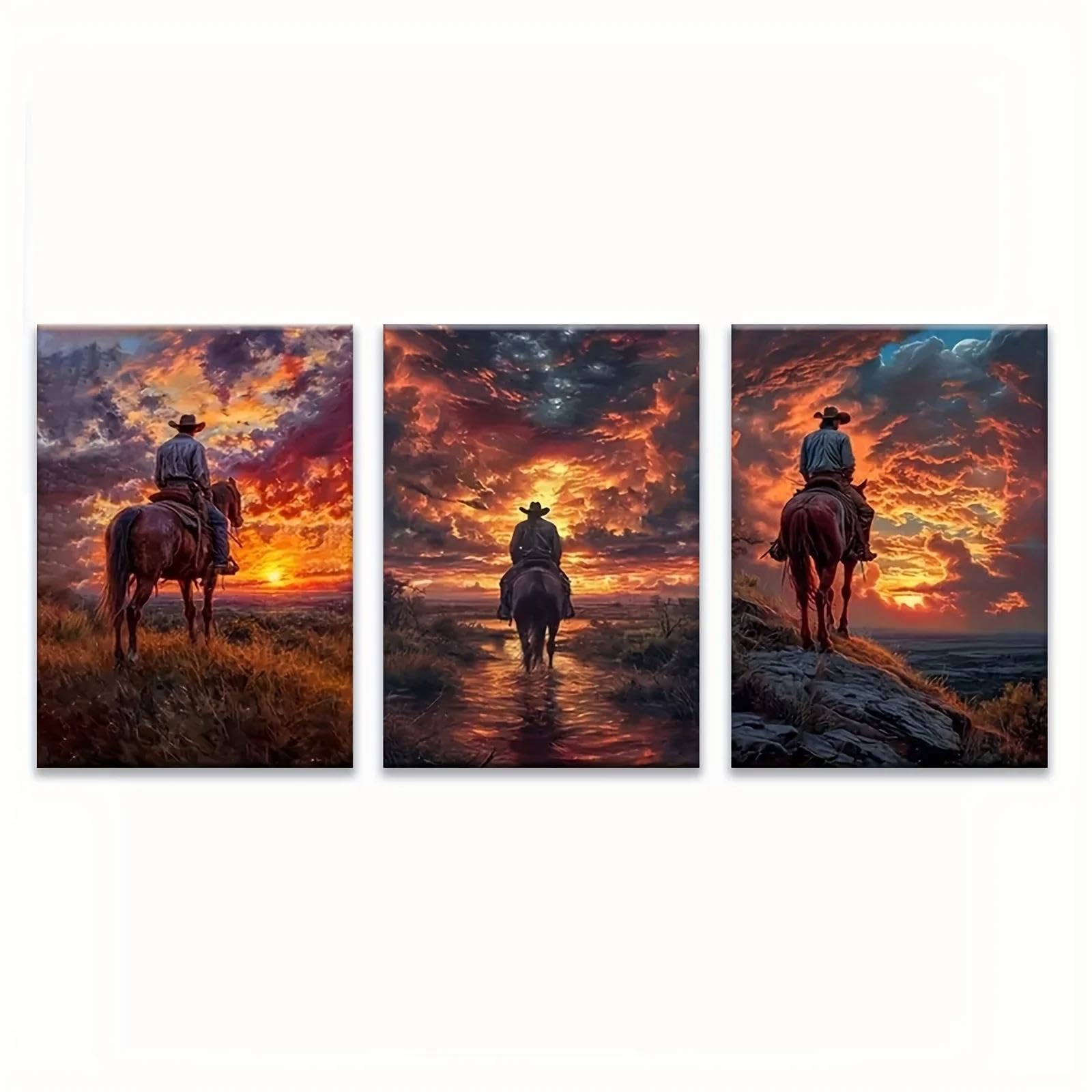 Yocheng 3pcs Art Series, Colorful Cowboys And Horses Sunset Canvas Art Canvas Printed Wall Paintings 30x40cmx3 No Frame