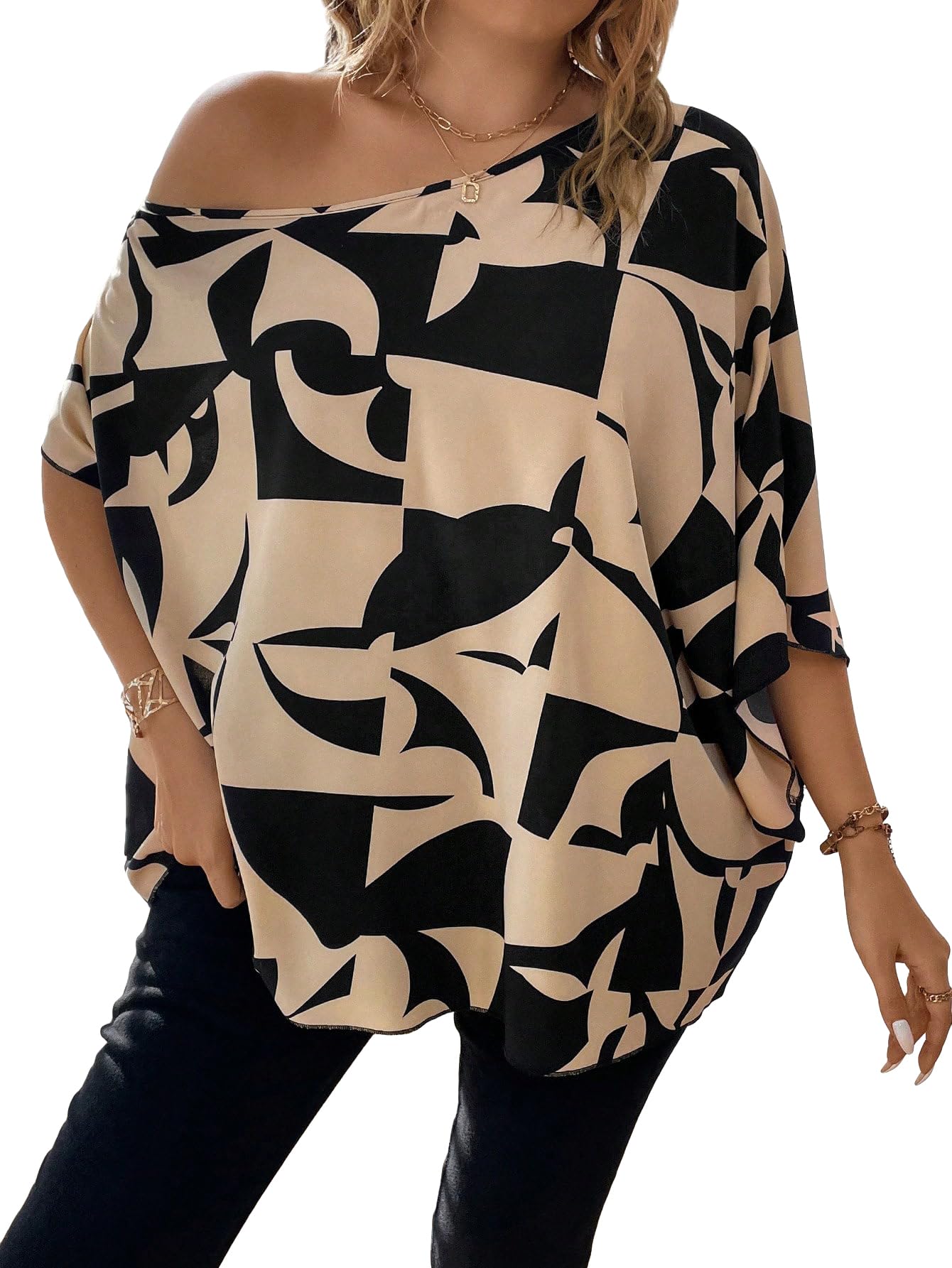 GORGLITTERWomen's Plus Size Allover Print Asymmetrical Neck 3/4 Sleeve Blouse Top