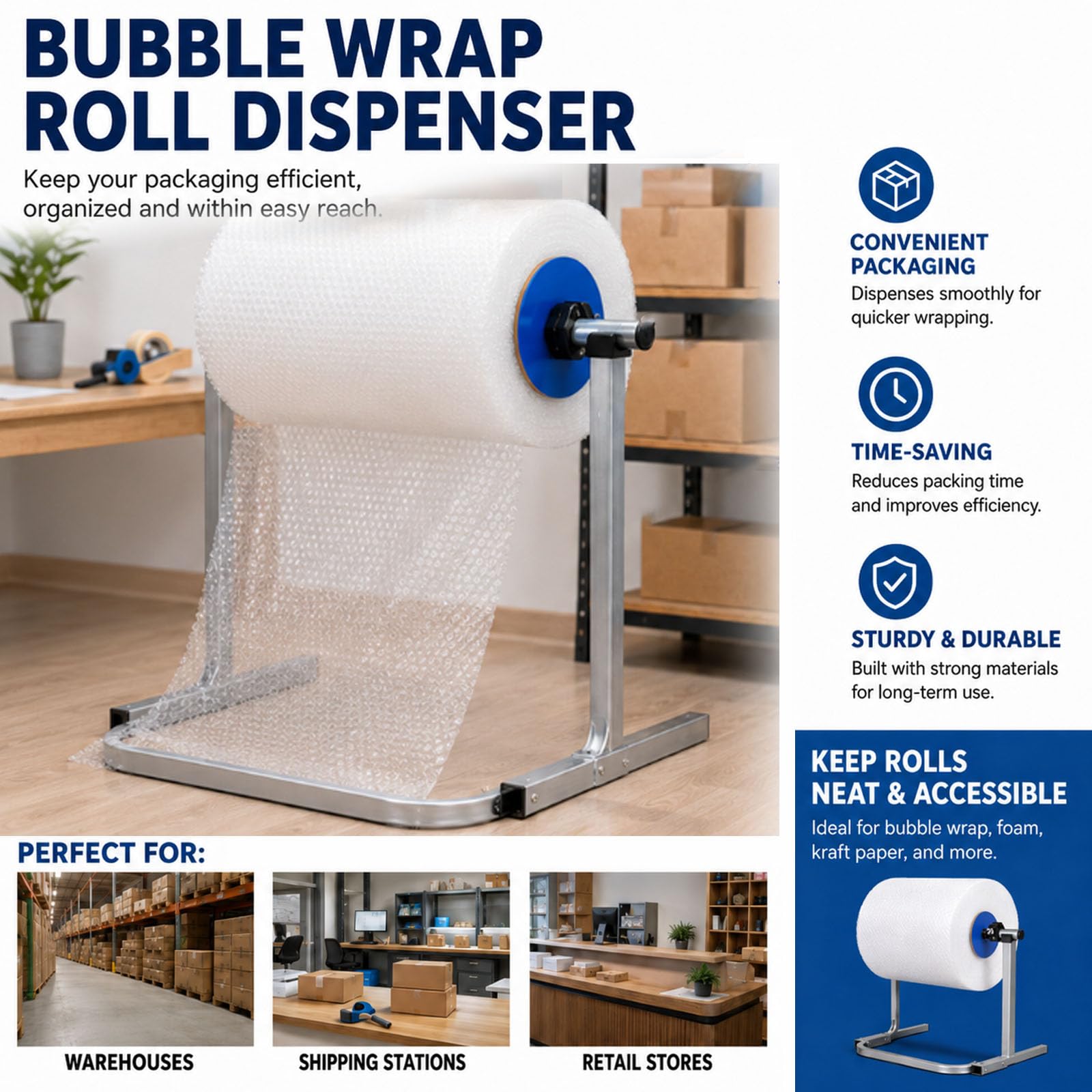 Tischhalterung füR Luftpolsterfolie Verstellbarer Rollenspender | Vertikaler Rollenhalter füR Verpackungsfolie Verzinktes Stahlrohr Flexible Schnalle Geeignet füR Den Transport(30cm/11.8in)