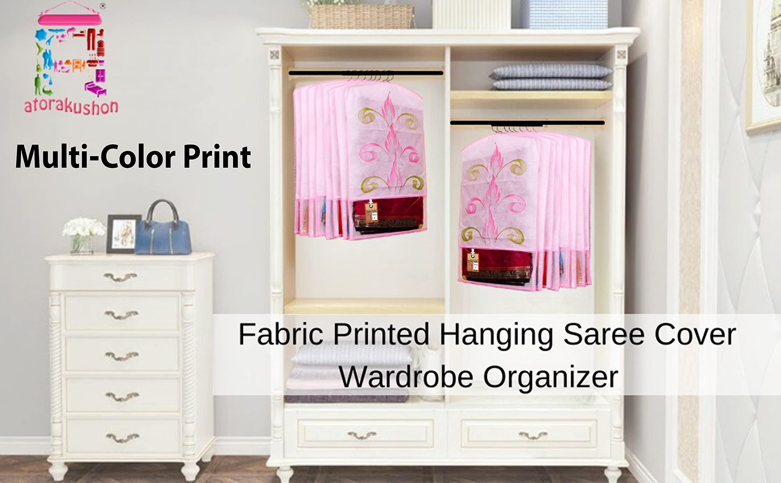 Atorakushon Fabric Printed Hanging Saree Cover Wardrobe Organizer Pack of 12 3