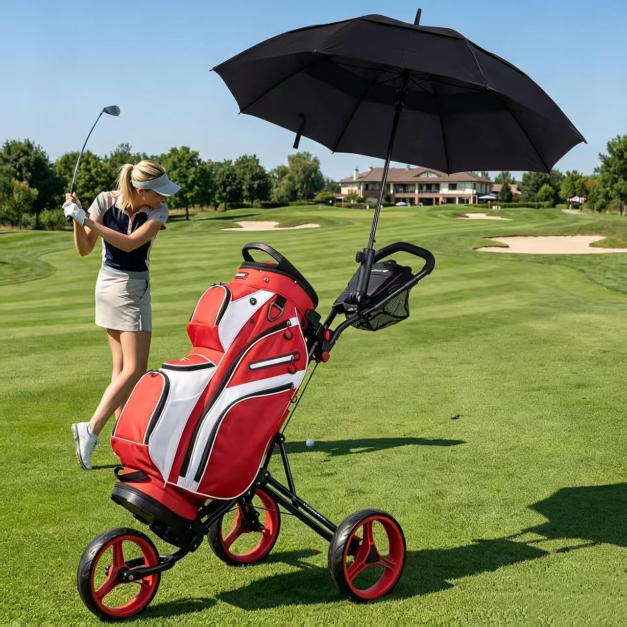 Faltbarer Golf Push Cart, Leichter 3-Rad-Golfwagen mit Fußbremse, höhenverstellbarem Griff, Getränkehalter und Aufbewahrungstasche - Robusto & Kompakt