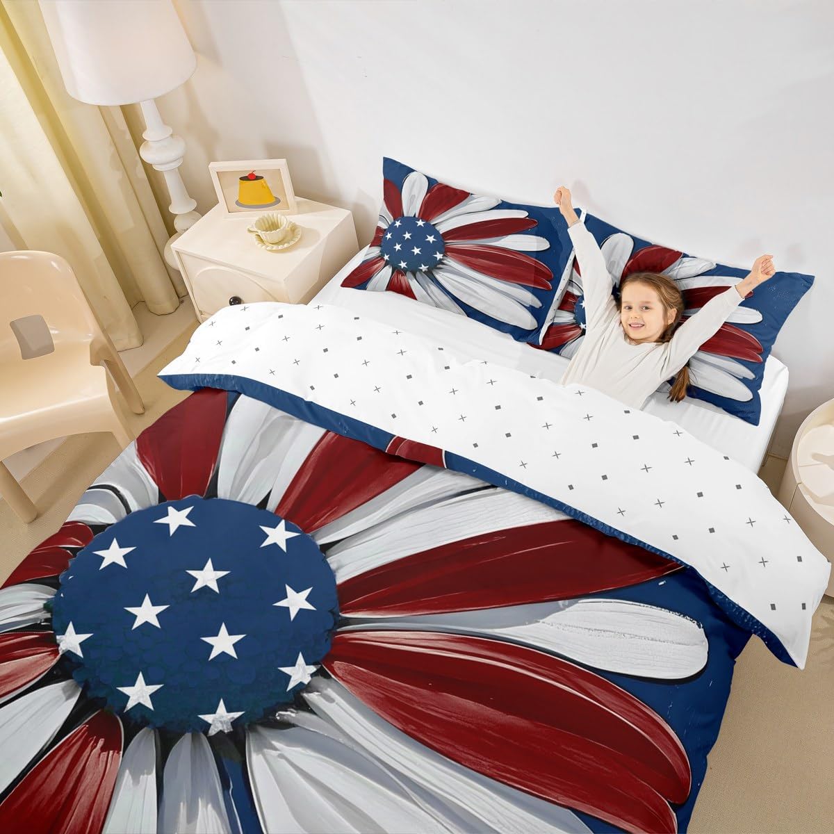 Erosebridal 4th of July Duvet Cover Queen Independence Day Bedding Set for Kids Teens Red Blue White Patriotic Bedspread Cover American Flag Flower Floral Bed Set