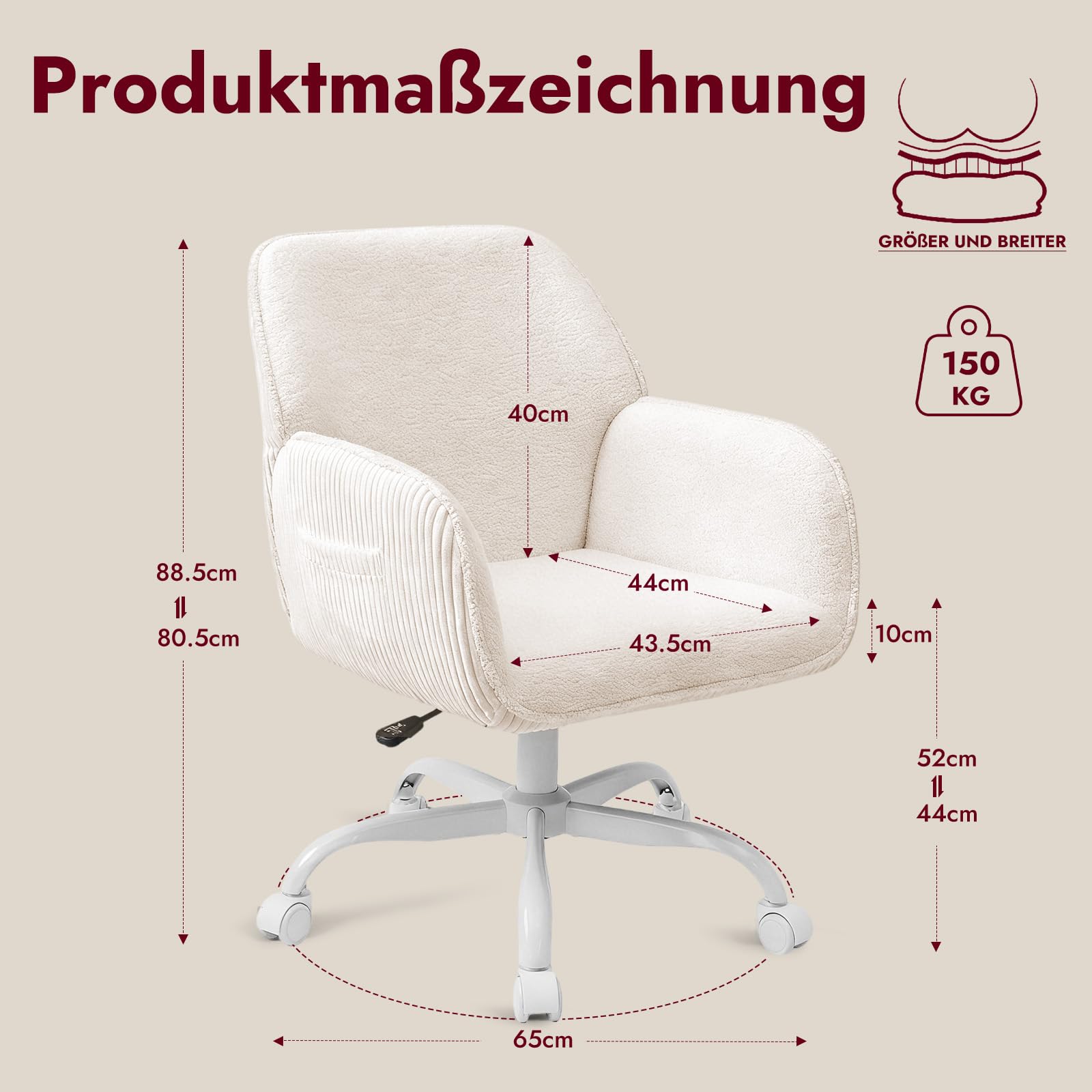 Bürostuhl Schreibtischstuhl Homeoffice Stuhl Schminktisch Stuhl – Sherpa- & Cordstoff, Ergonomisch mit Armlehnen, Höhenverstellbar,360° Drehbar, Leise Rollen, Breiter Sitz, Stabil, Weiß | Gepolsterter Schminkstuhl mit Seitentasche und Rollen, höhenverstel