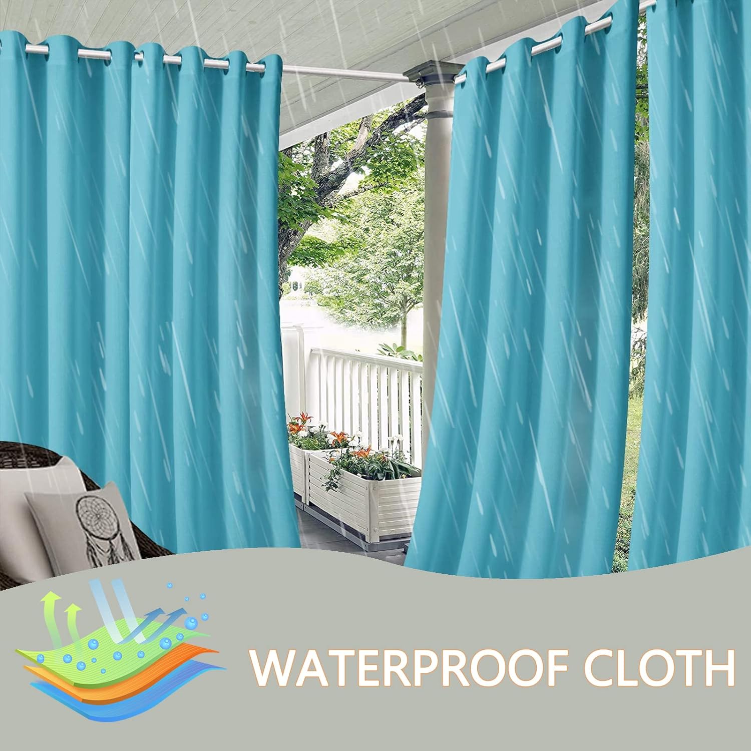 2 Panels Waterproof Indoor/Outdoor Curtains for Patio - Thermal Insulated, Sun Blocking Grommet Blackout Curtains for Bedroom, Porch, Living Room, Pergola, Cabana(sky blue,W94.48" x H39.37" x 2PC)