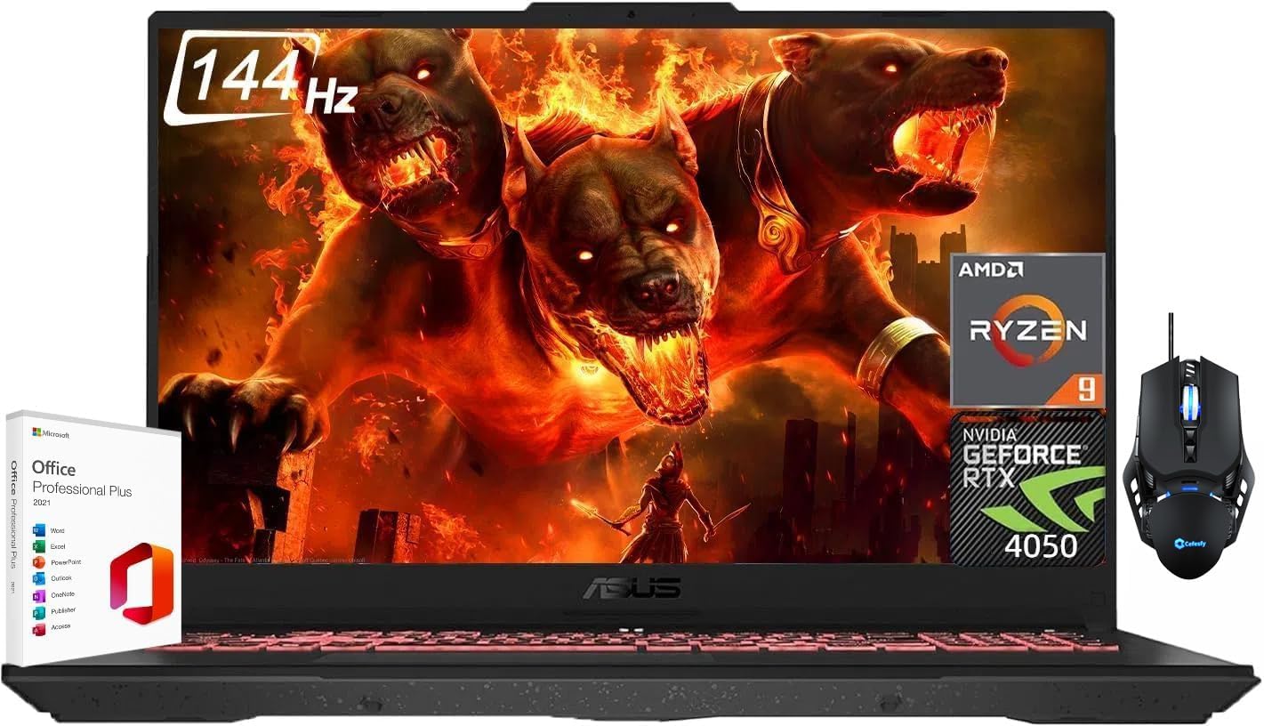ASUS TUF A17 Gaming Laptop 2024, Microsoft Office Lifetime License, 17.3″ FHD 144Hz, AMD Ryzen 9-7940HS Up to 5.2 GHz, GeForce RTX 4050, 64GB DDR5, 2TB SSD, Backlit KB, Win 11 Home, with Cefesfy Mouse