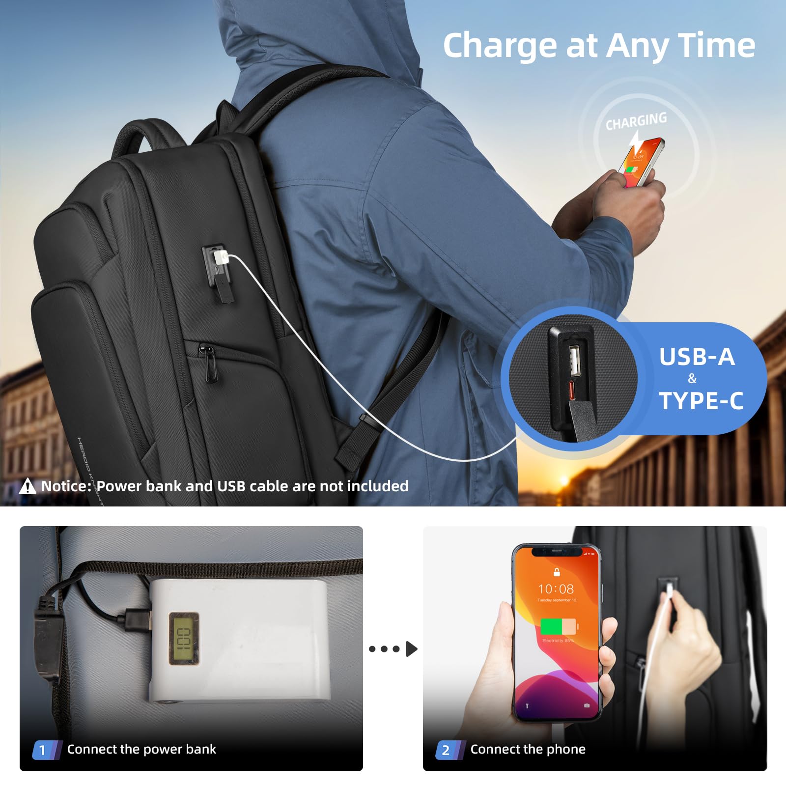 Mochila Hombre para Portatil Ordenador 17,3 Pulgadas con USB-C y USB-A Gran Capacidad 24-28L Resistante al Agua, Antirrobo, Ligera para Oficina Trabajo Universidad Diario y Viaje-Negro
