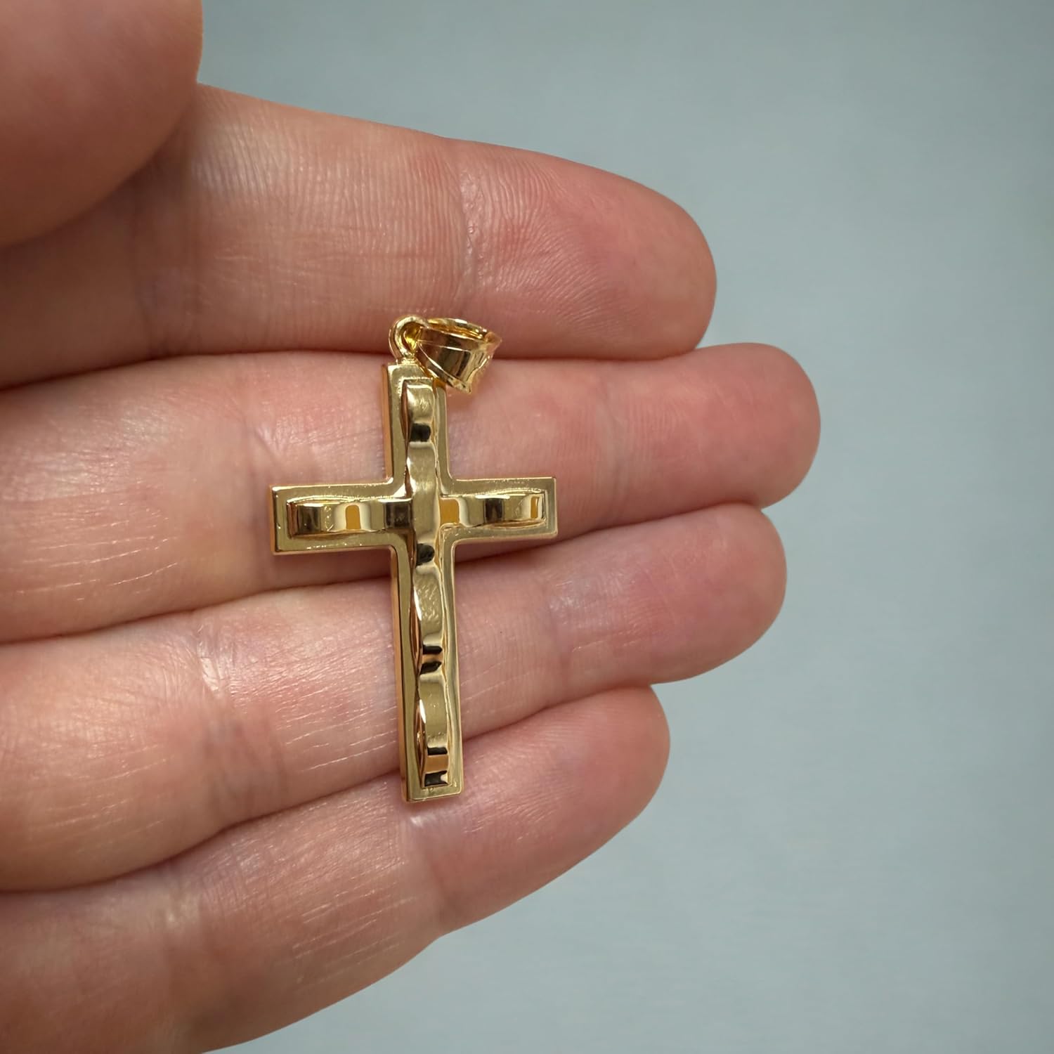 Cross+Crown Premium 14K Yellow Gold Cross Pendant, Durable Double-Bonded 14K Pendant for Necklace, Women & Mens Gold Cross with Wavy Design for Chain, Handcrafted Religious Jewelry in the USA, 1x3/8"
