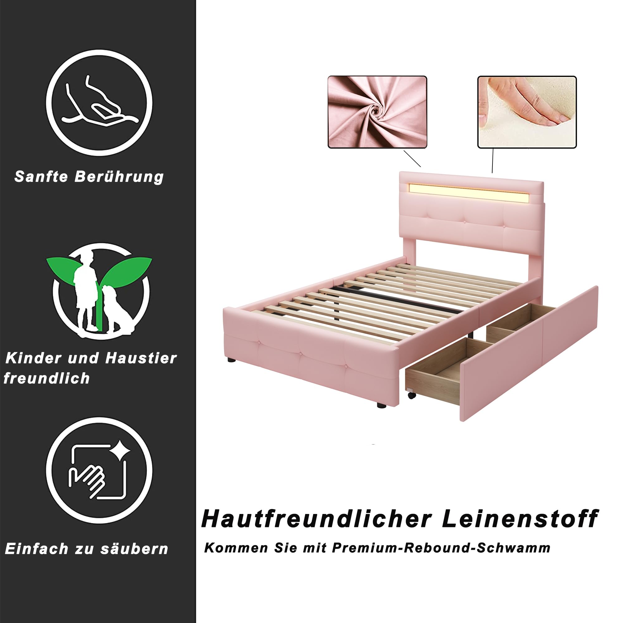 Moimhear Letto imbottito 90 x 200 cm, con 2 cassetti, luci a LED, imbottitura in lino delicata sulla pelle, letto singolo, letto per ragazzi (LD001-004)