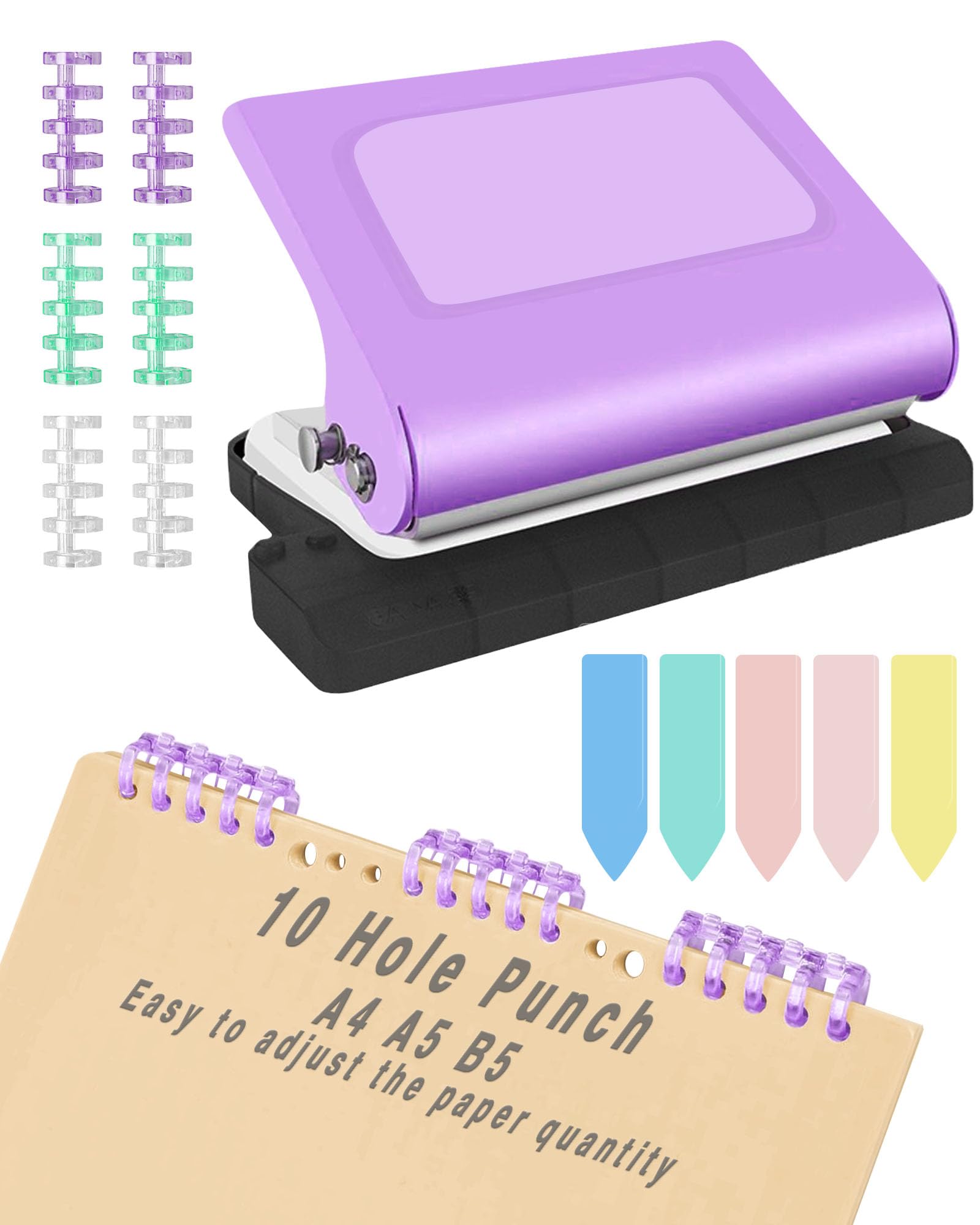 Photo 1 of 10 Hole Punch Binding Machine for Planners,Paper Puncher with Binder Rings,Punches Holes on B5,A4,A5 Paper,Metal Manual Binding System,Handheld Metal Circle Paper Puncher for Home Office Study,Purple